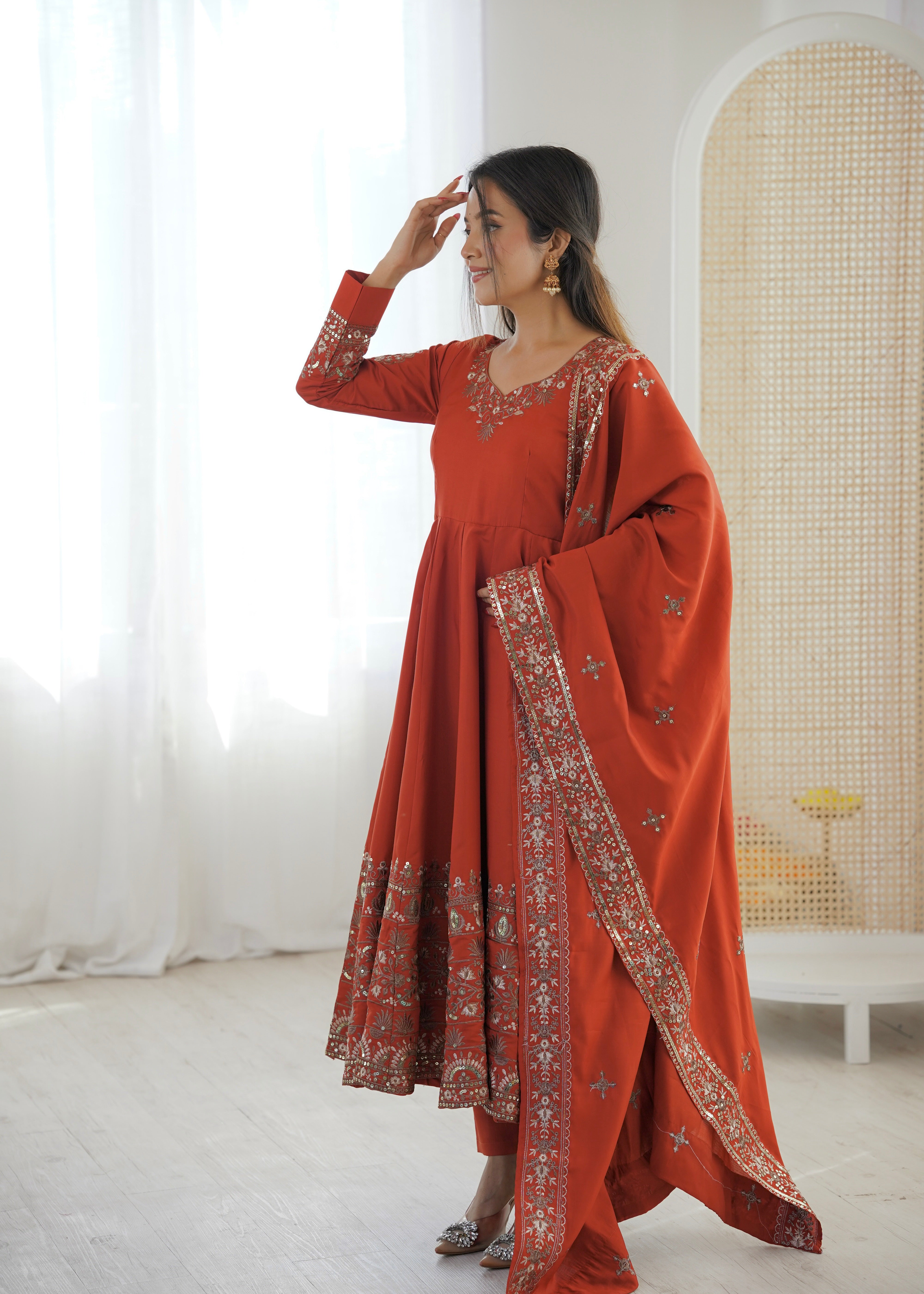 Rust Color Embroidered Sequence Designer Anarkali Three Piece Set in Roman Silk | Nardev Fashion