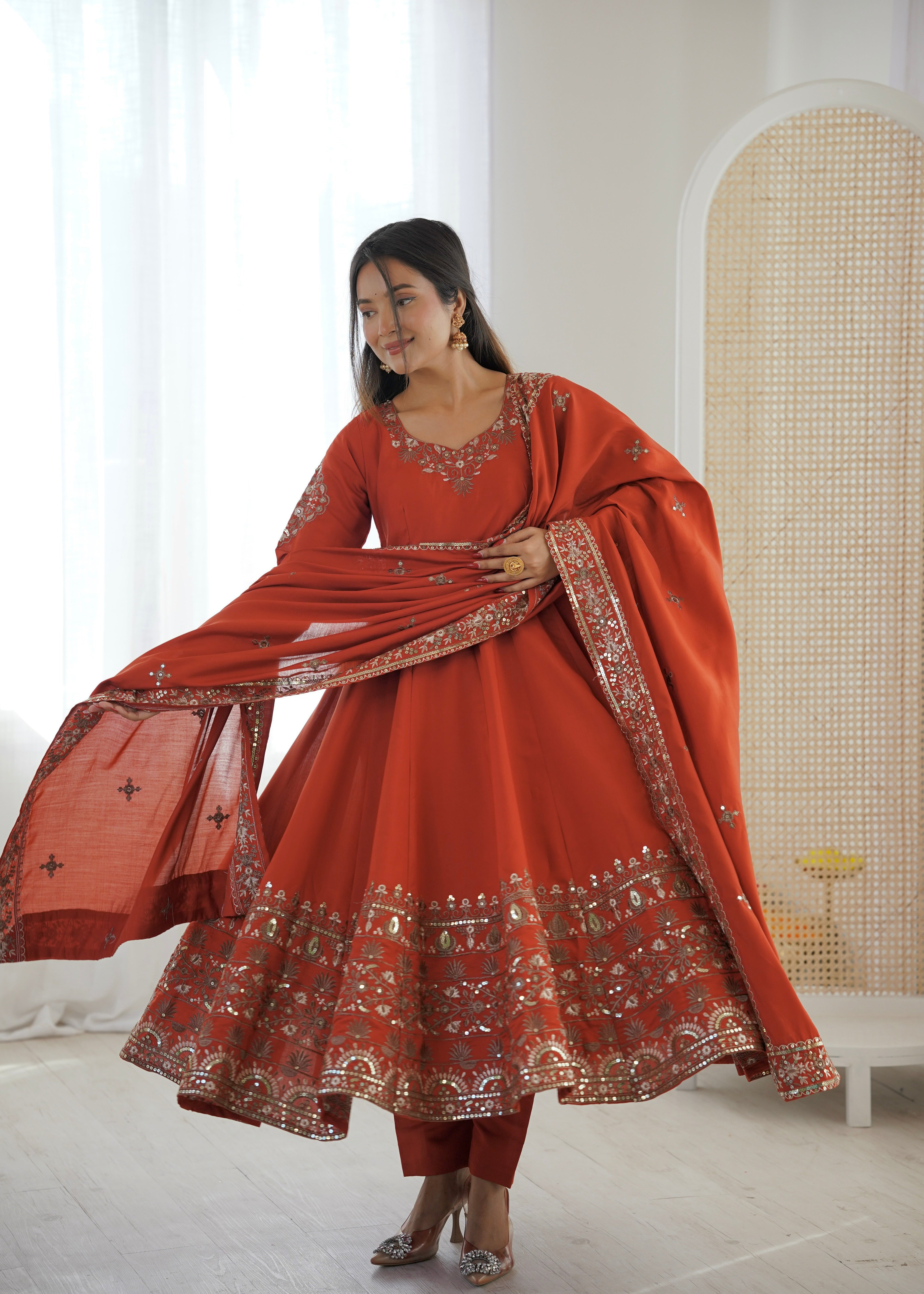 Rust Color Embroidered Sequence Designer Anarkali Three Piece Set in Roman Silk | Nardev Fashion