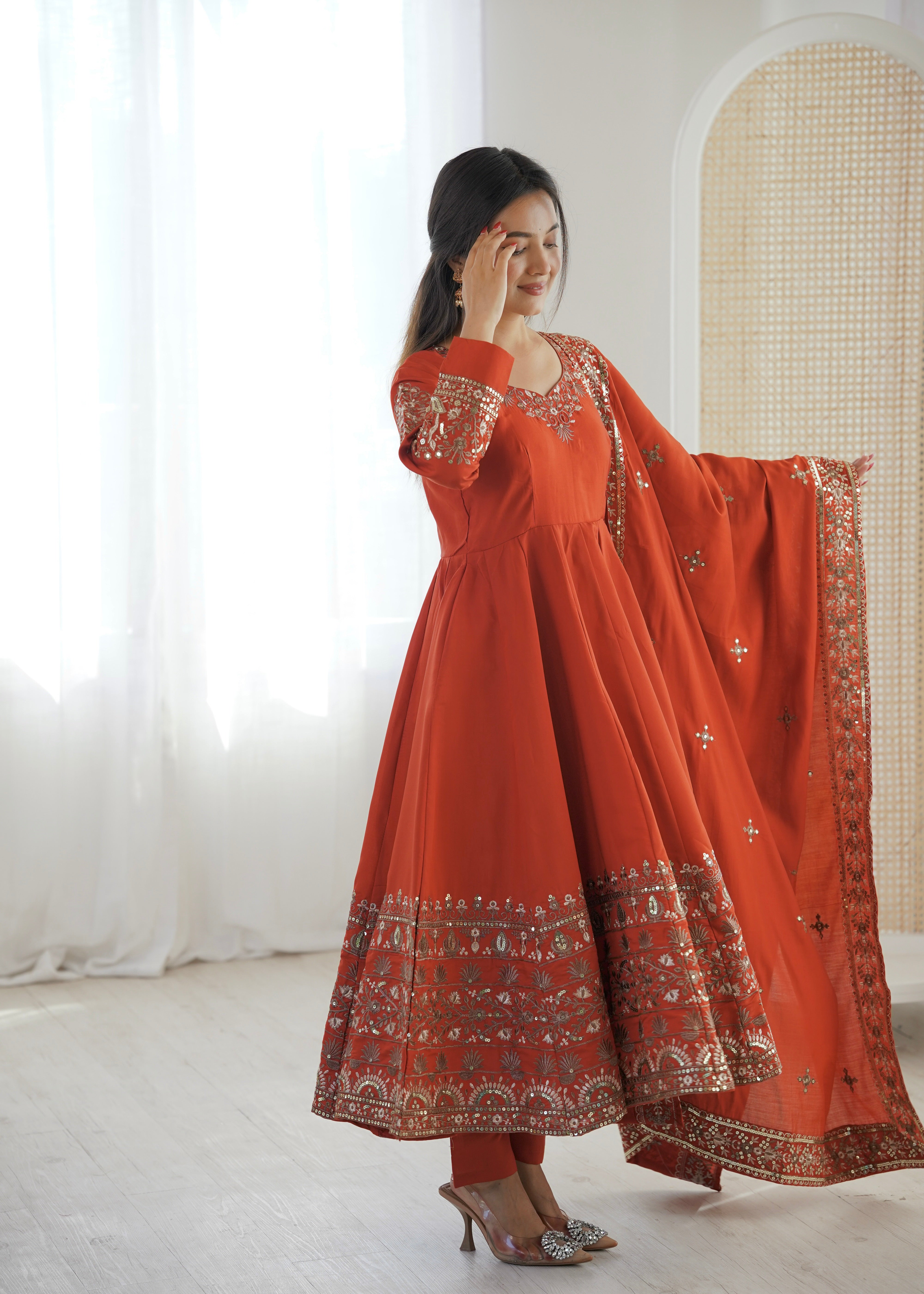 Rust Color Embroidered Sequence Designer Anarkali Three Piece Set in Roman Silk | Nardev Fashion