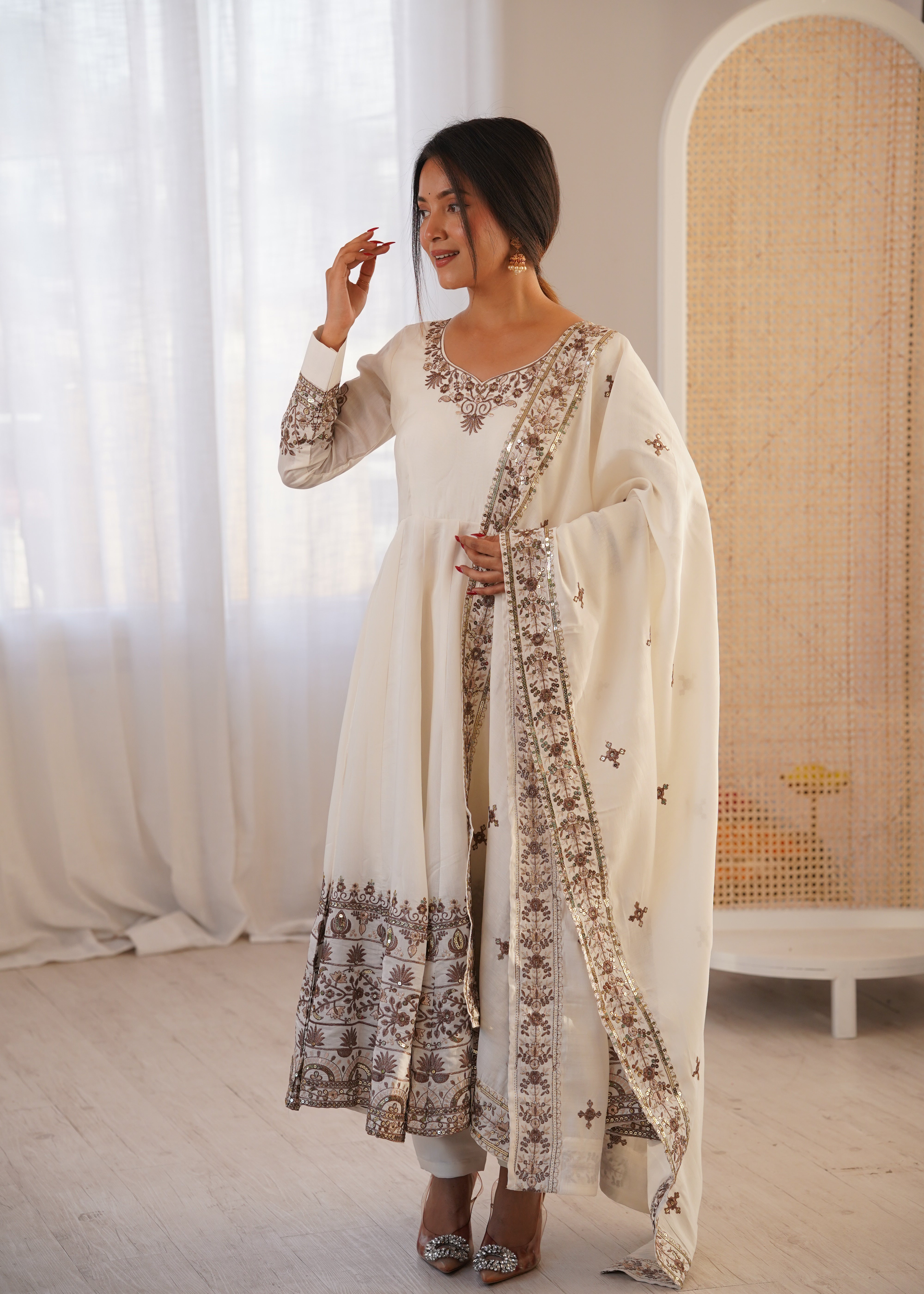 White Color Embroidered Sequence Designer Anarkali Three Piece Set in Roman Silk | Nardev Fashion