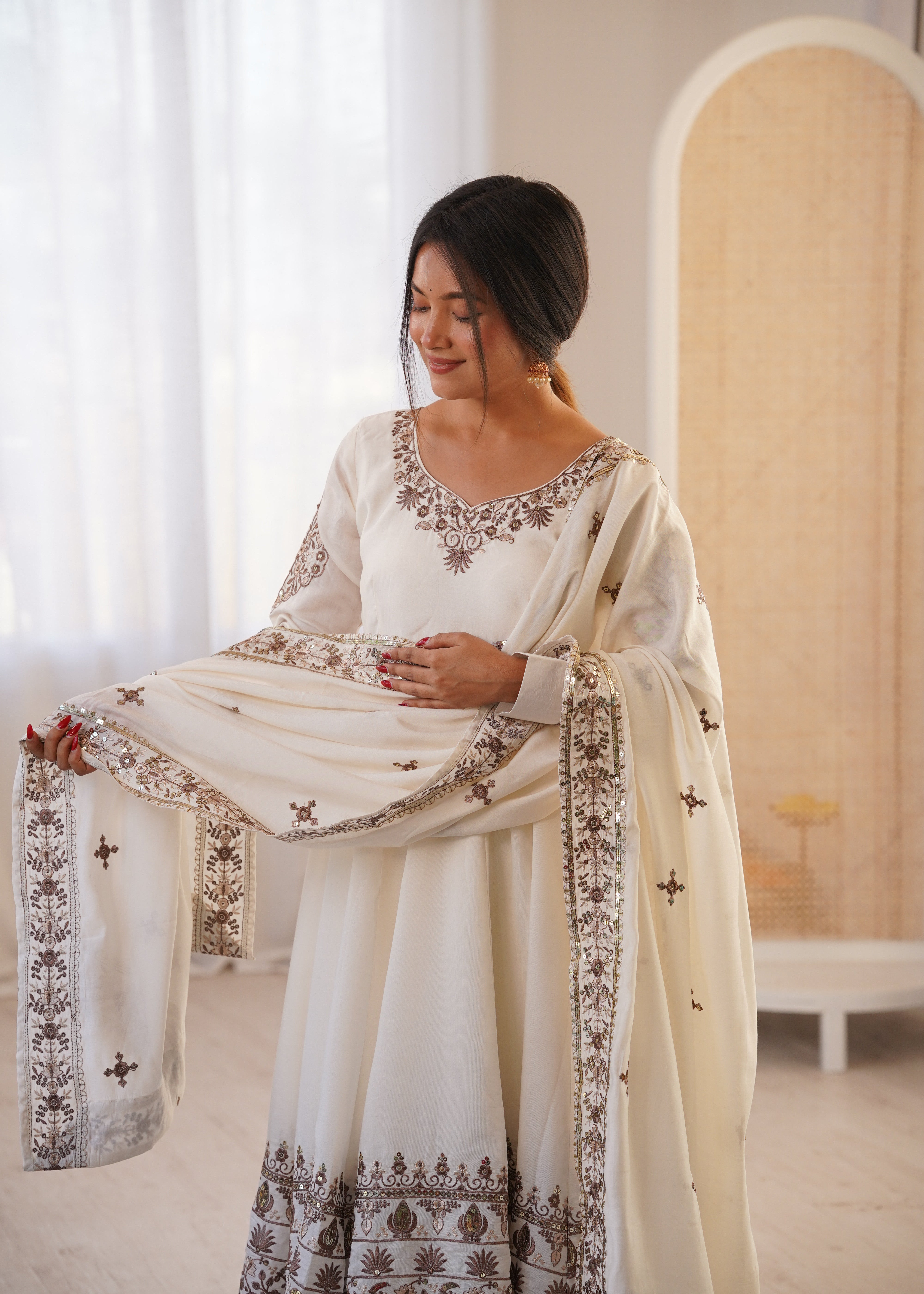 White Color Embroidered Sequence Designer Anarkali Three Piece Set in Roman Silk | Nardev Fashion