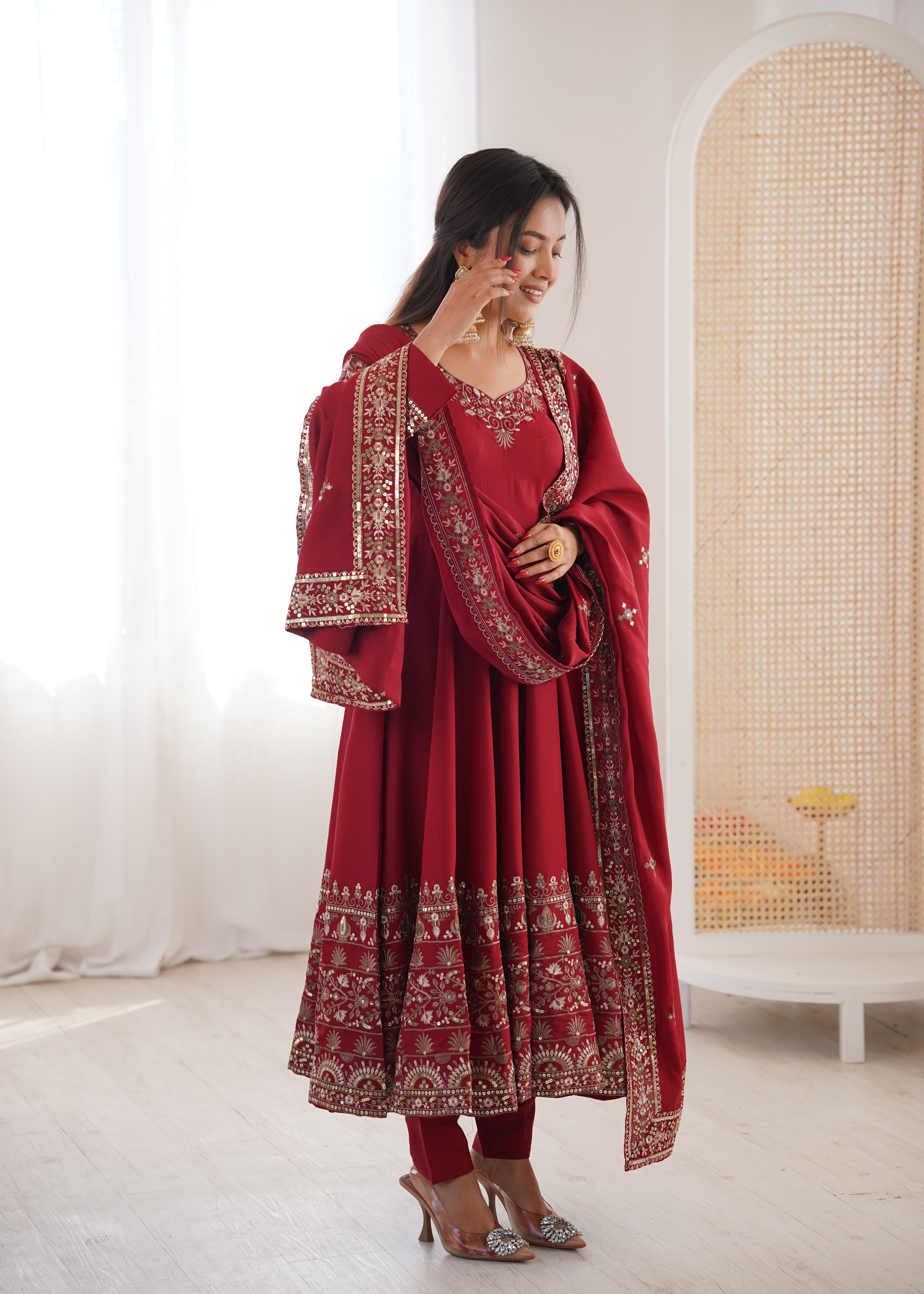 Maroon Color Embroidered Sequence Designer Anarkali Three Piece Set in Roman Silk | Nardev Fashion