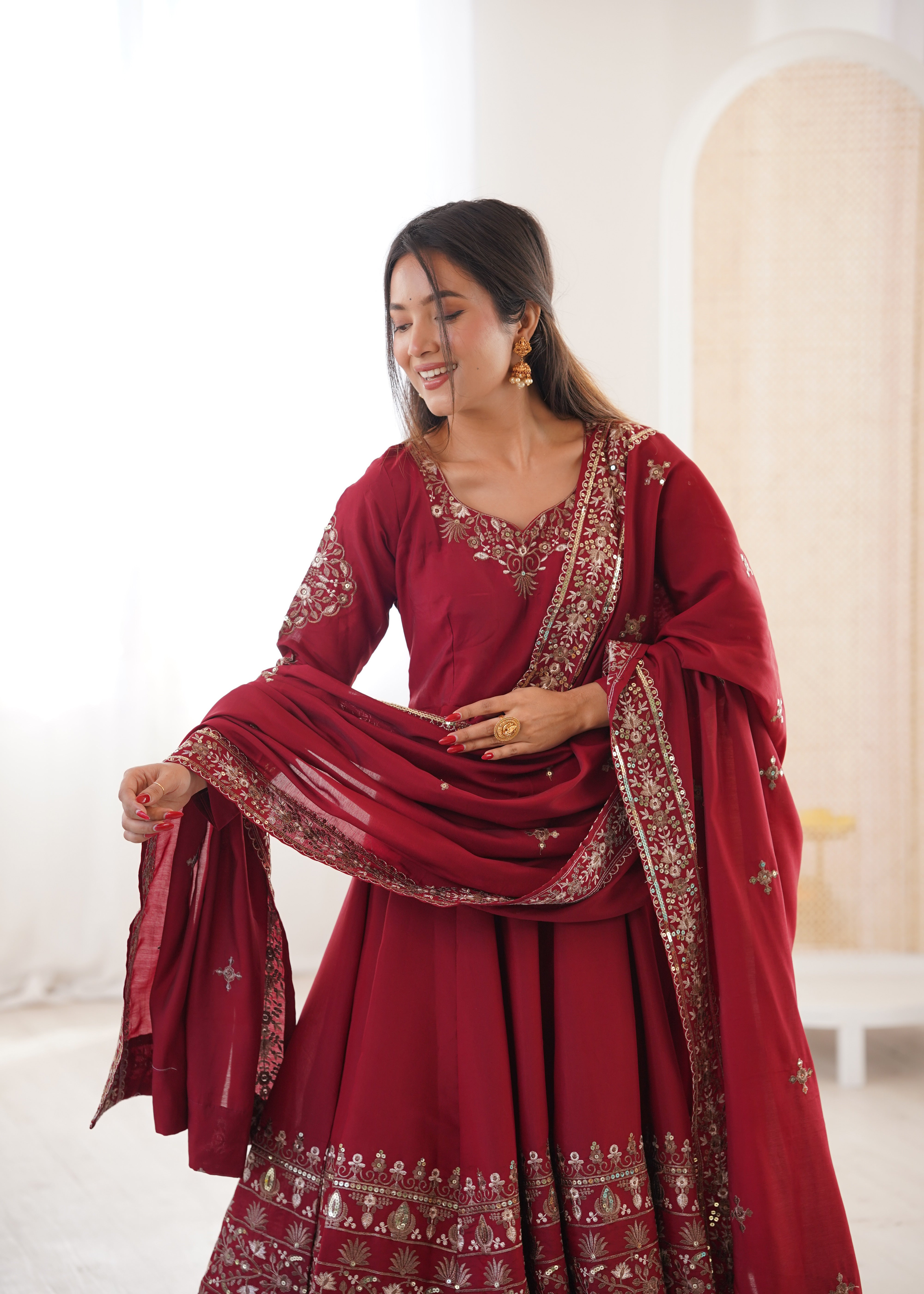 Maroon Color Embroidered Sequence Designer Anarkali Three Piece Set in Roman Silk | Nardev Fashion