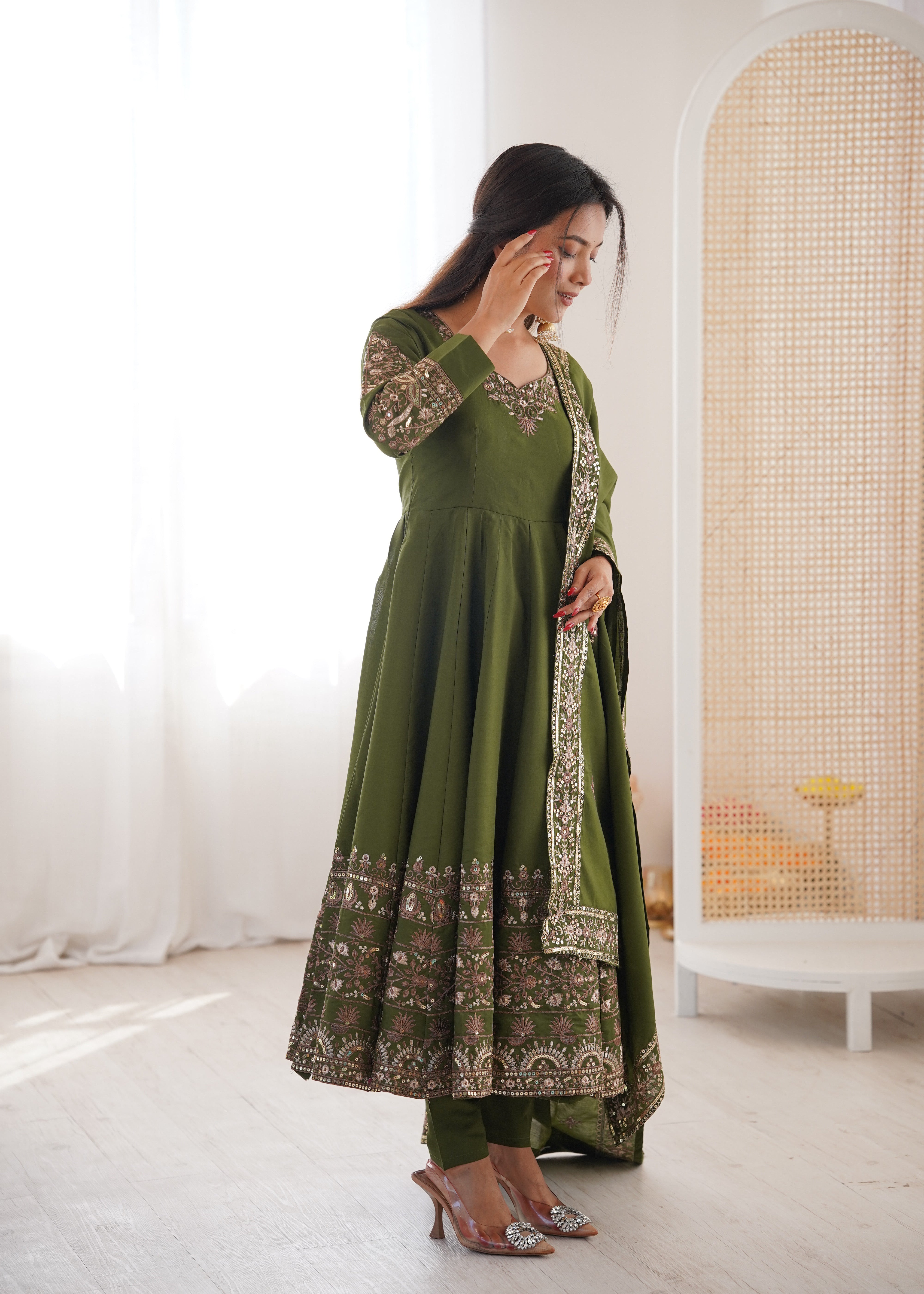 Mehendi Color Embroidered Sequence Designer Anarkali Three Piece Set in Roman Silk | Nardev Fashion