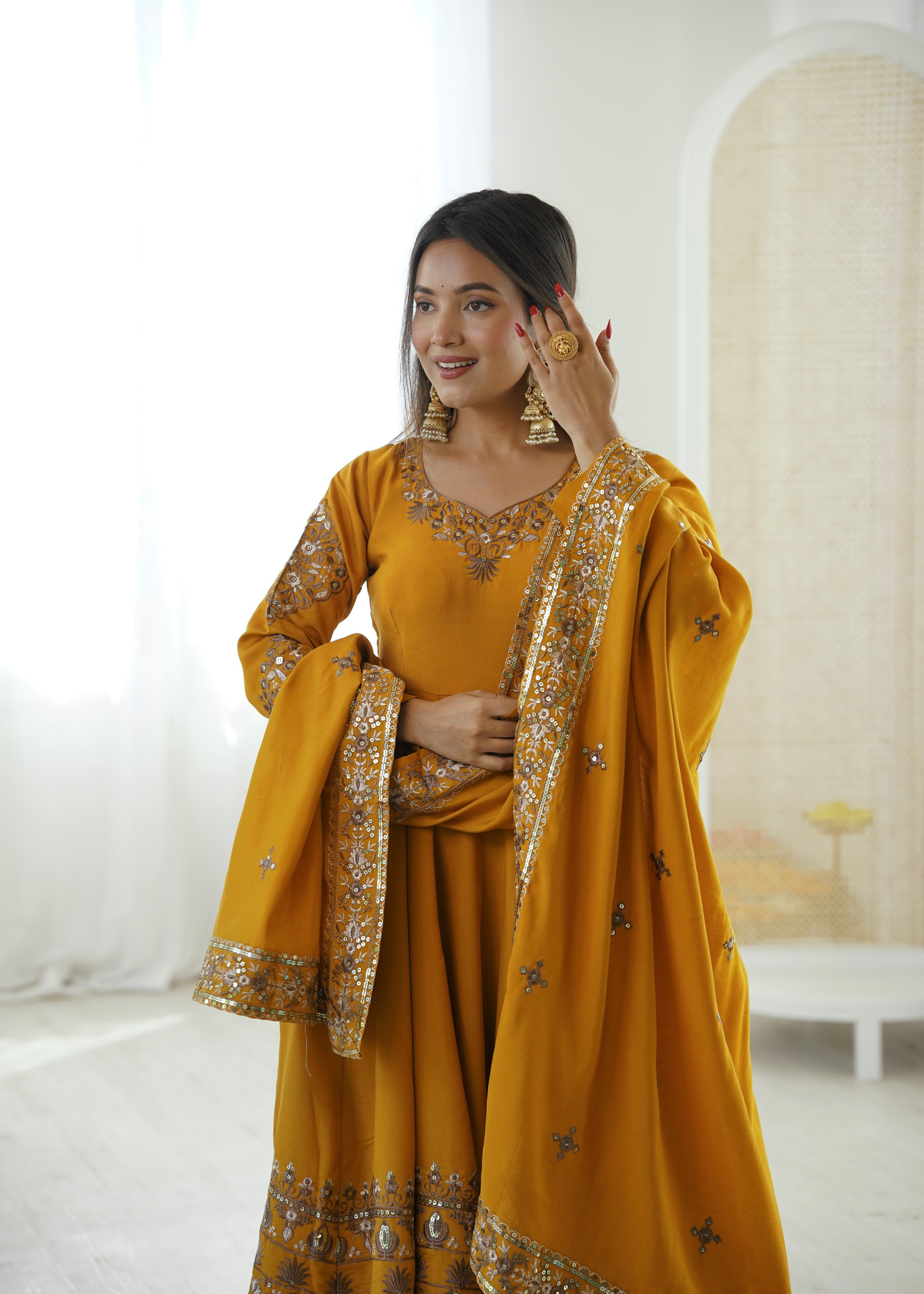 Mustard Color Embroidered Sequence Designer Anarkali Three Piece Set in Roman Silk | Nardev Fashion