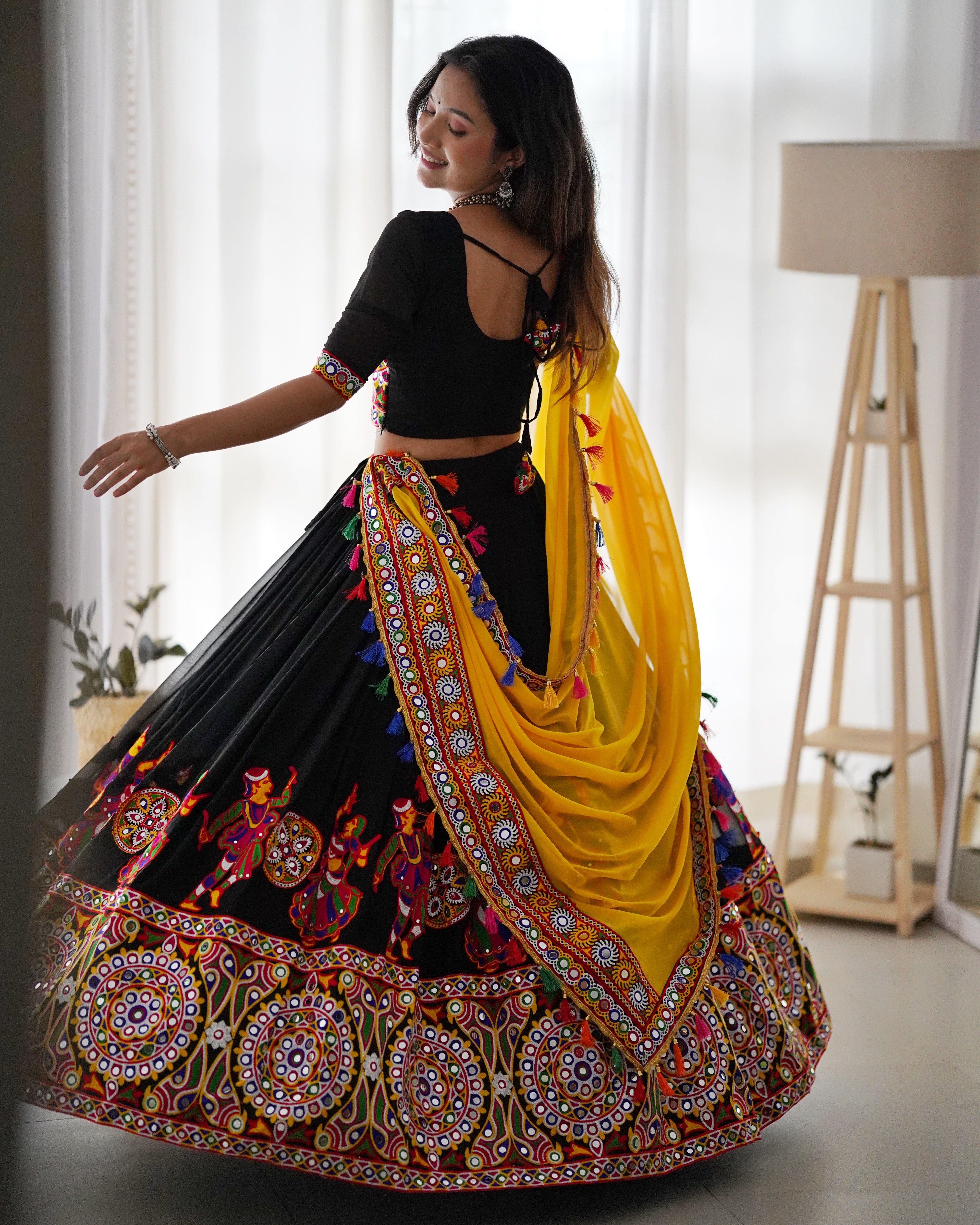 Black & Yellow Navratri Lehenga Choli with Original Mirror Work | Traditional Garba Lehenga Set