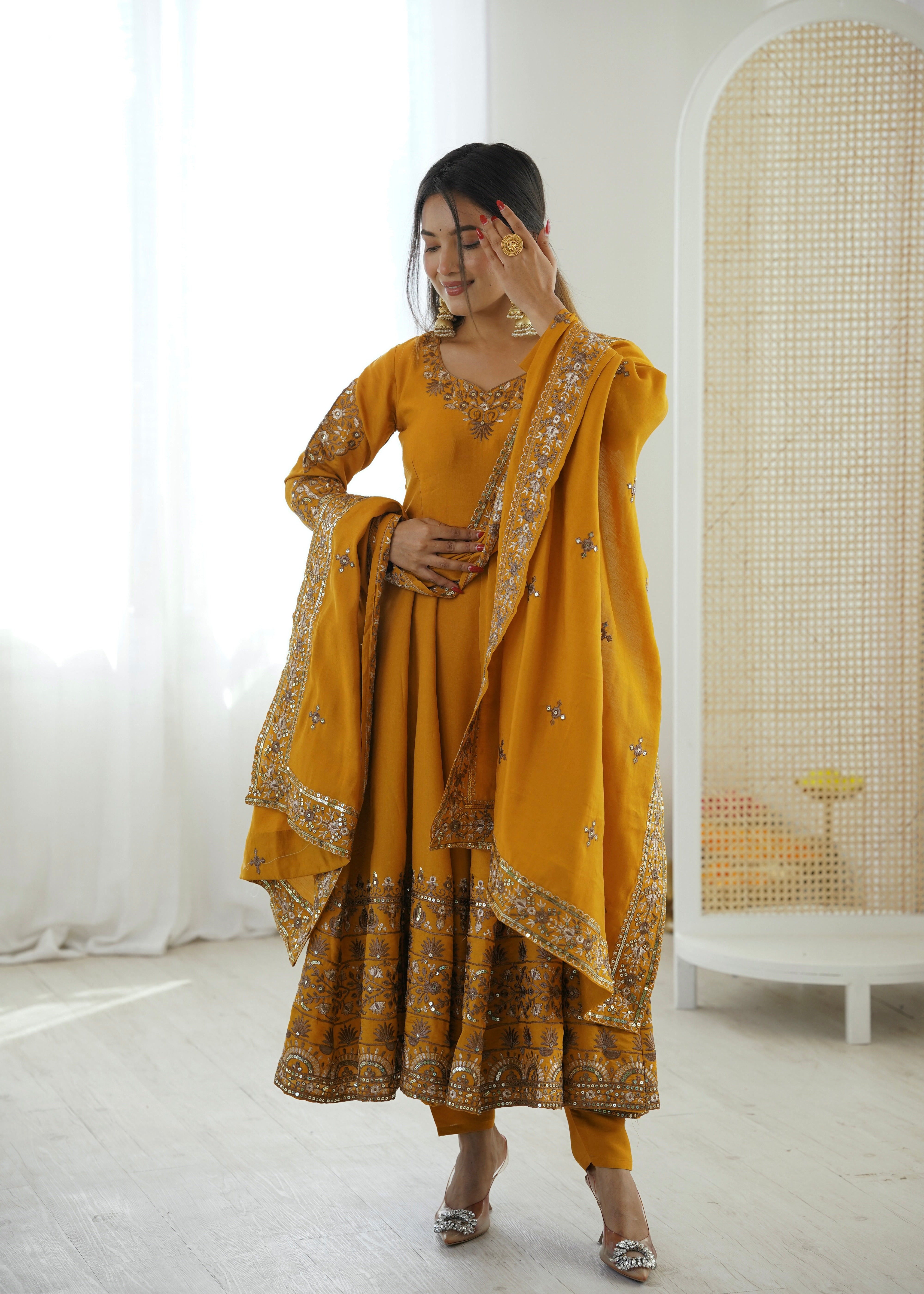 Mustard Color Embroidered Sequence Designer Anarkali Three Piece Set in Roman Silk | Nardev Fashion