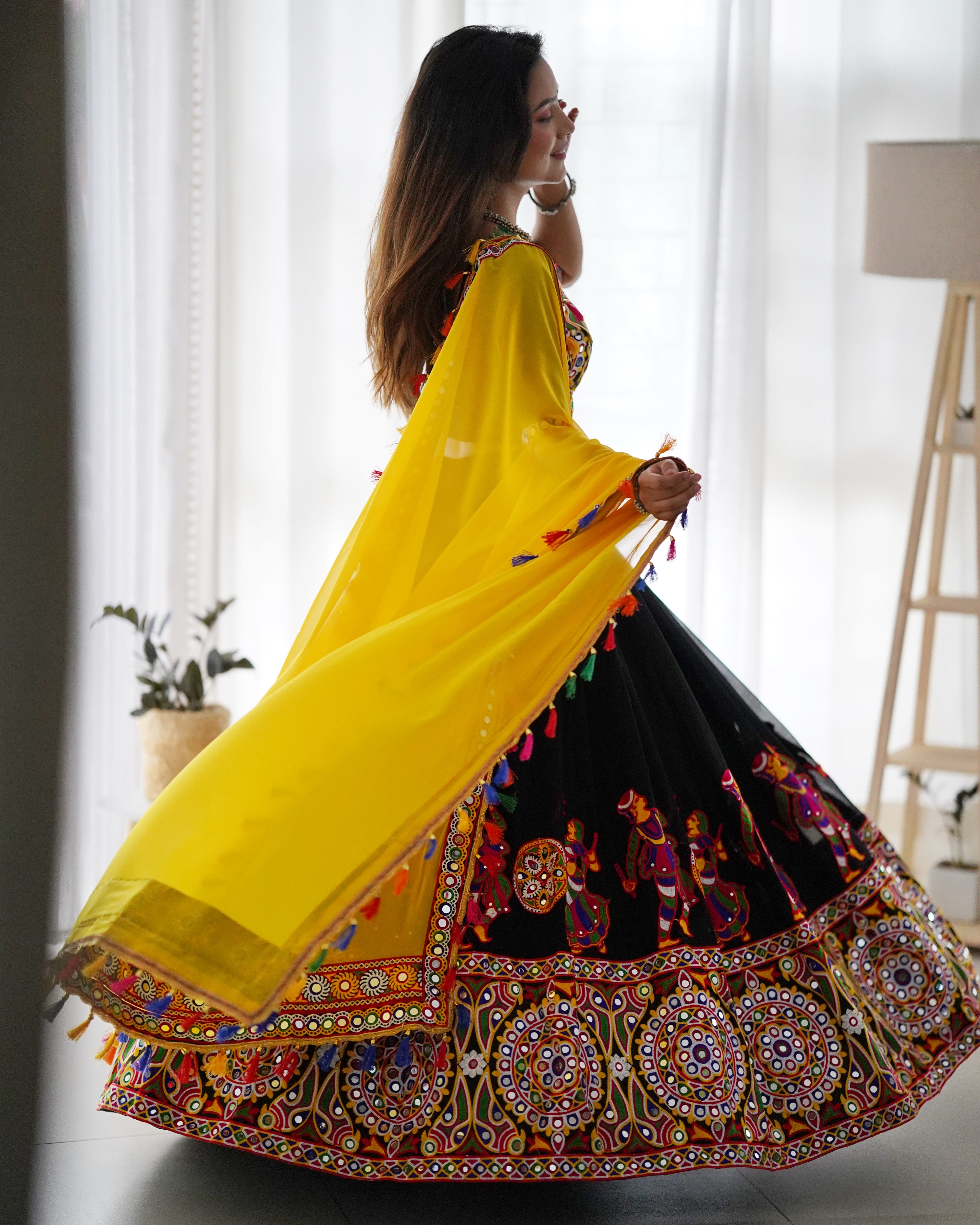 Black & Yellow Navratri Lehenga Choli with Original Mirror Work | Traditional Garba Lehenga Set
