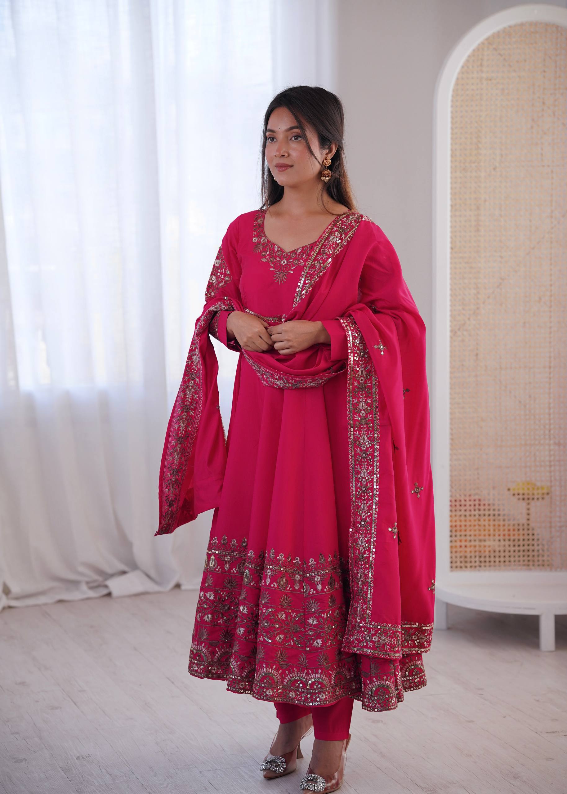 Pink Color Embroidered Sequence Designer Anarkali Three Piece Set in Roman Silk | Nardev Fashion