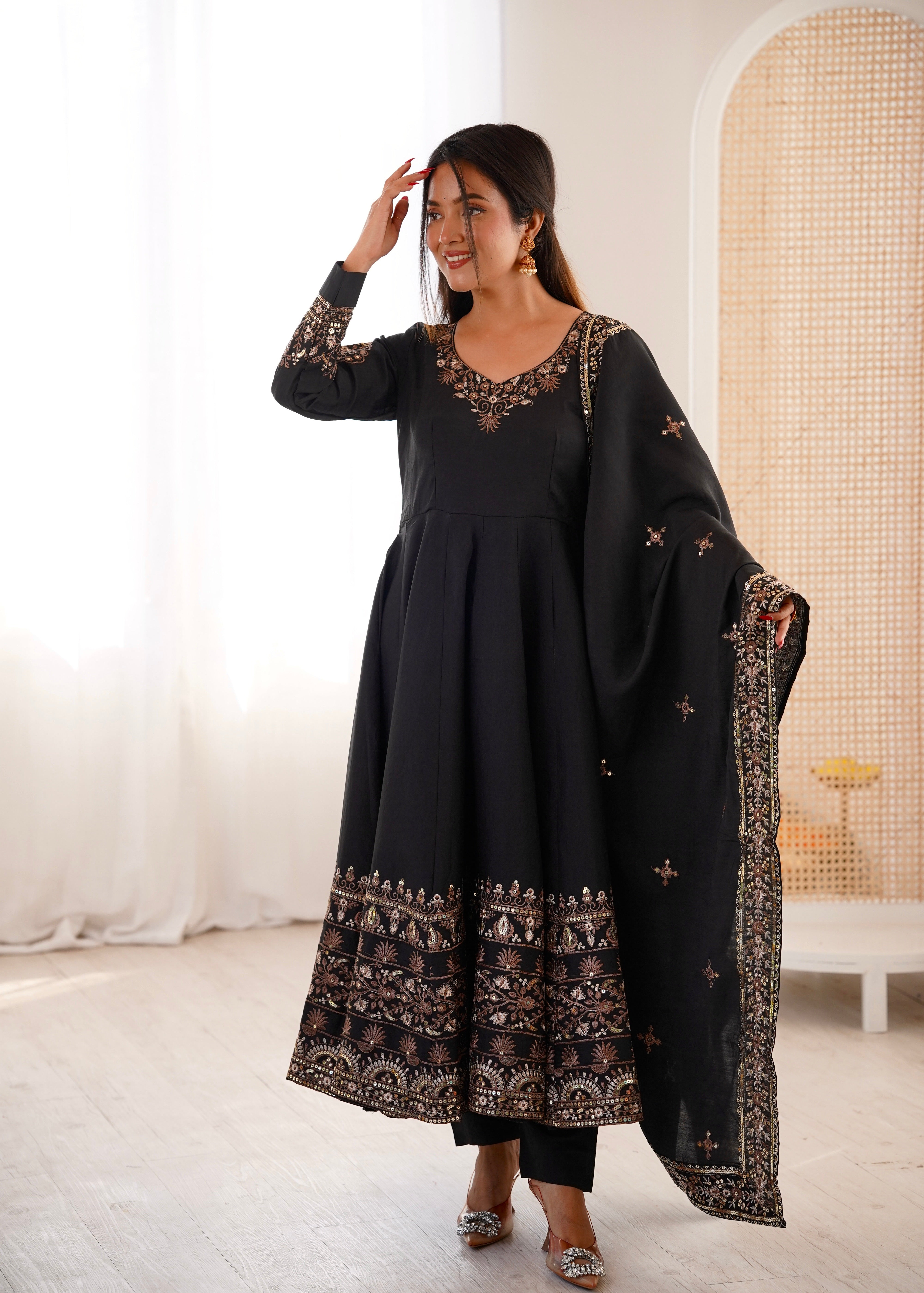 Black Color Embroidered Sequence Designer Anarkali Three Piece Set in Roman Silk | Nardev Fashion