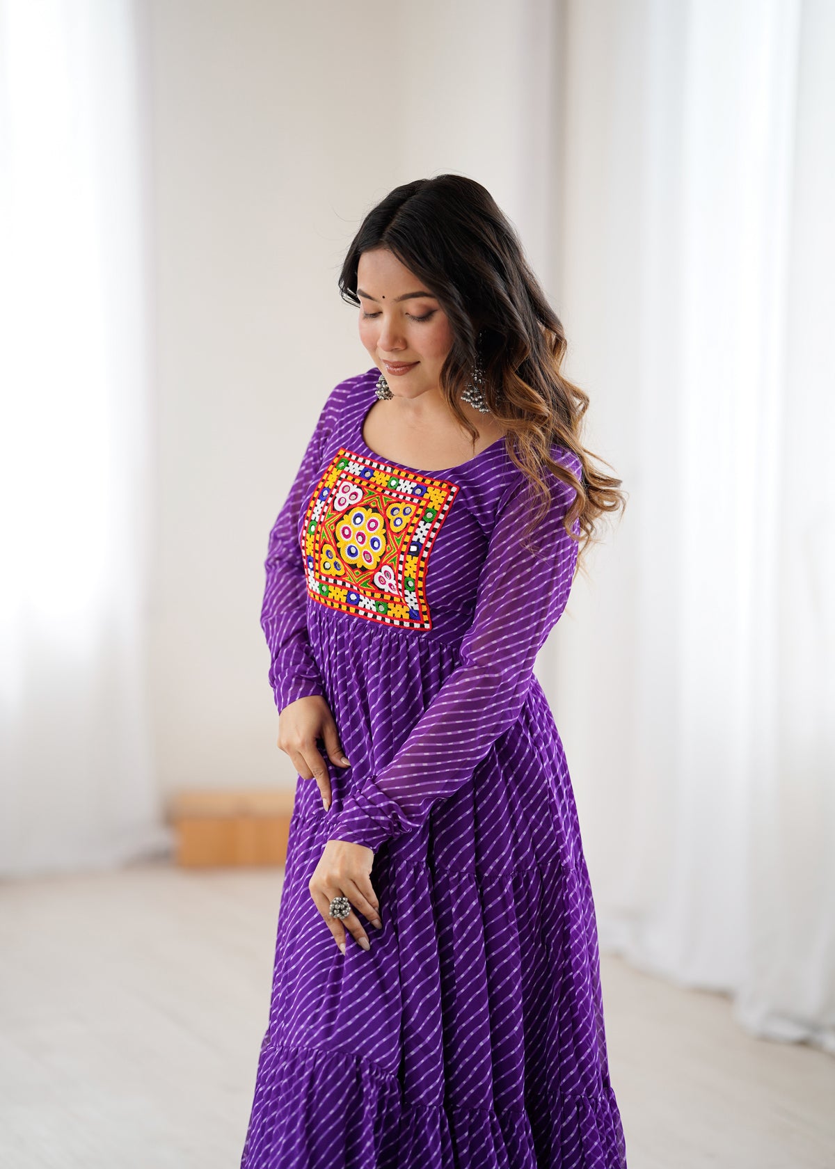 Purple Laheriya Print 7 Meter Flair Anarkali Gown