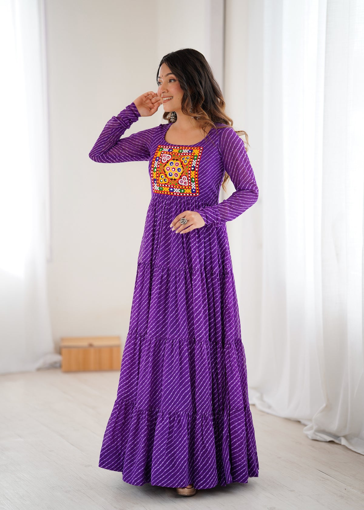 Purple Laheriya Print 7 Meter Flair Anarkali Gown