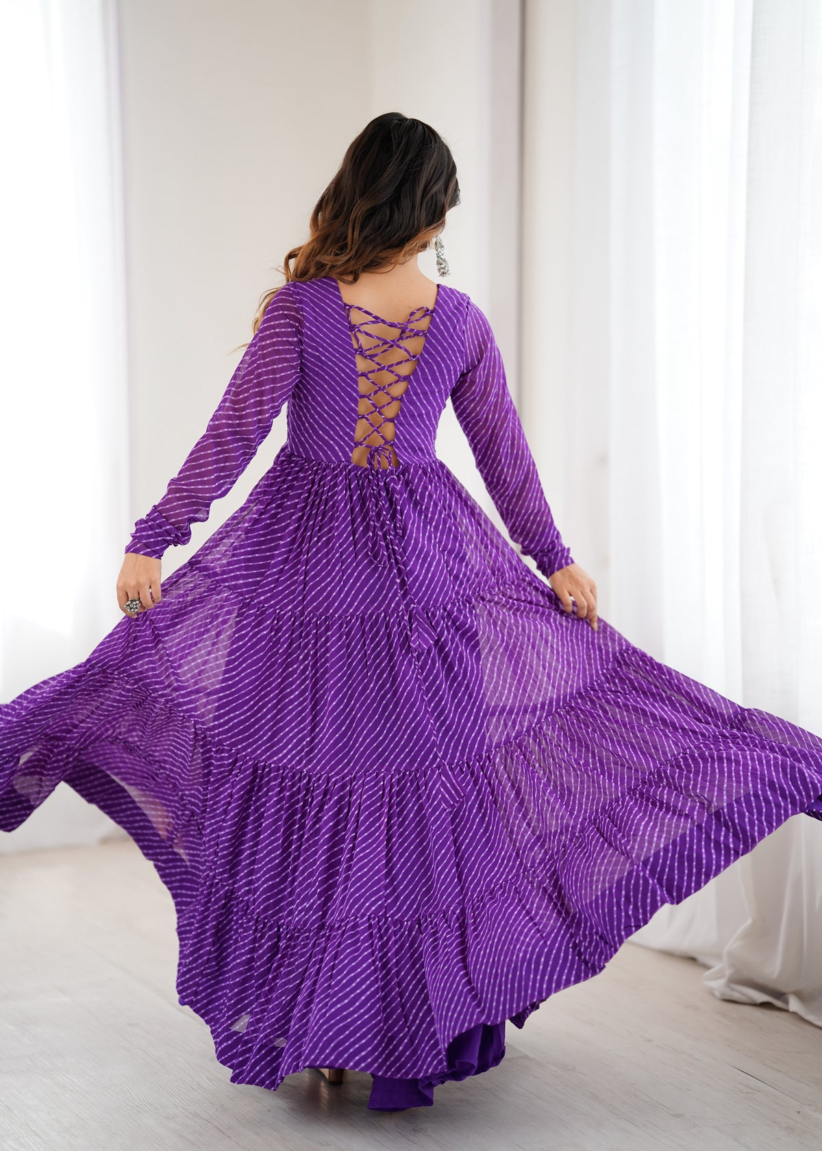 Purple Laheriya Print 7 Meter Flair Anarkali Gown