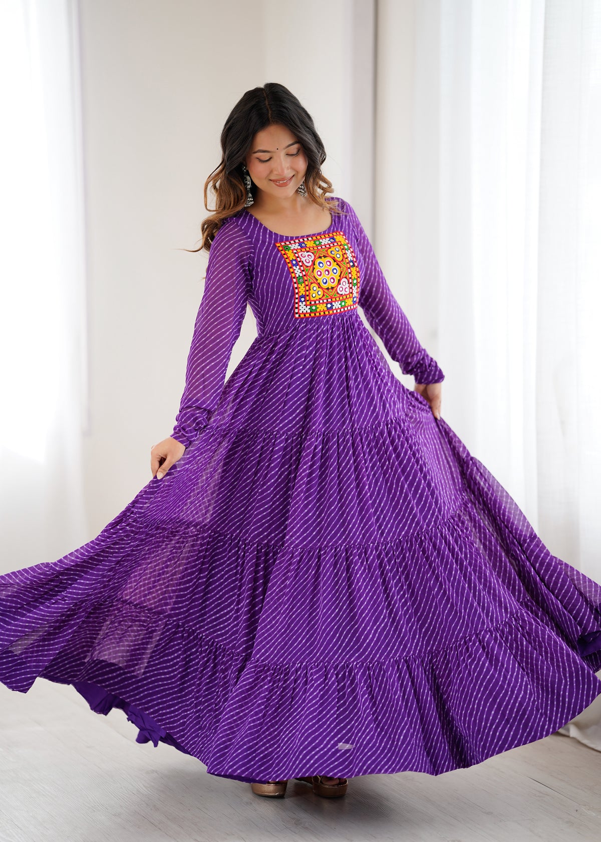 Purple Laheriya Print 7 Meter Flair Anarkali Gown