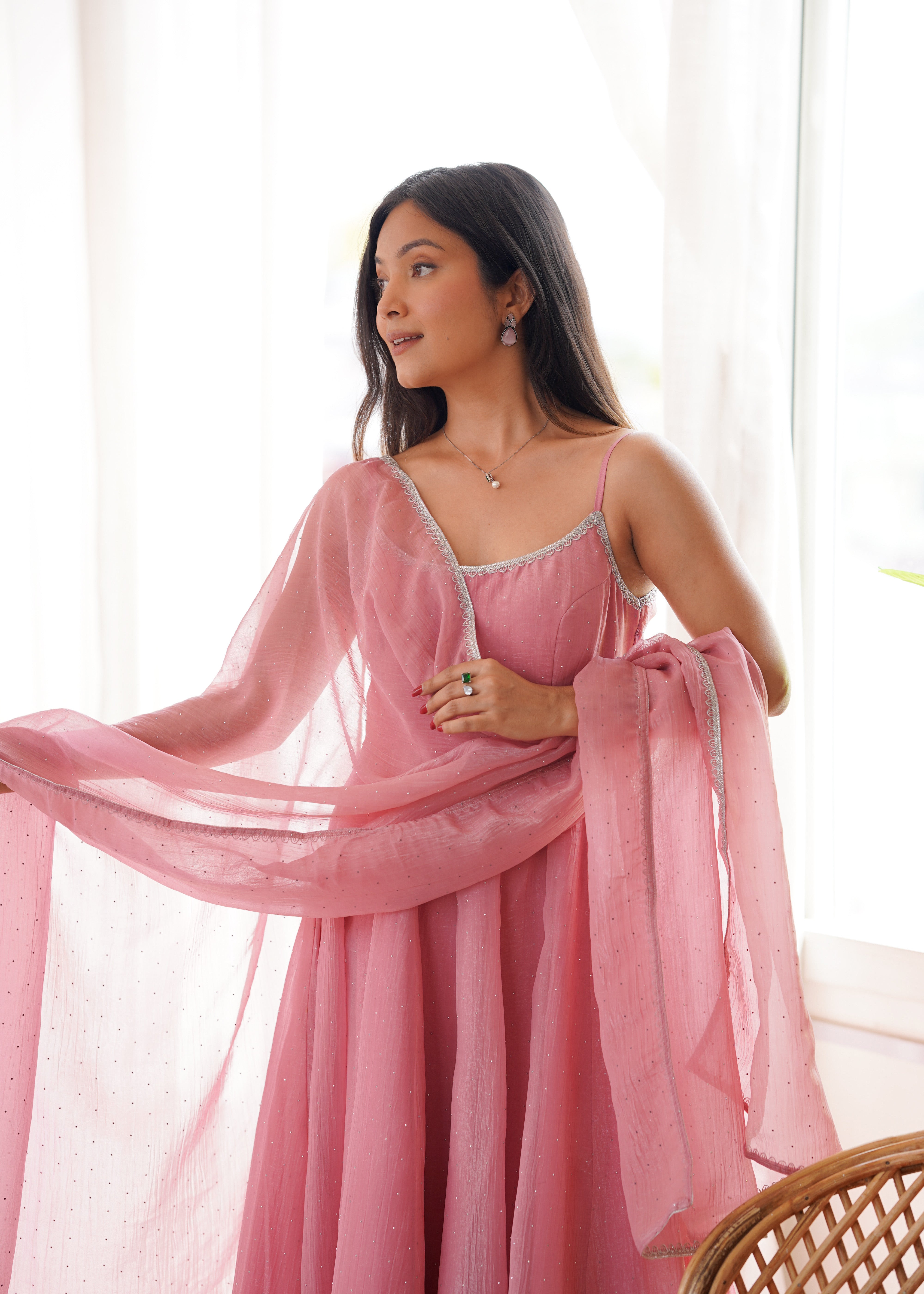 Dusty Pink Crunchy Silk Anarkali Suit with Swarovski Work & Dupatta Set