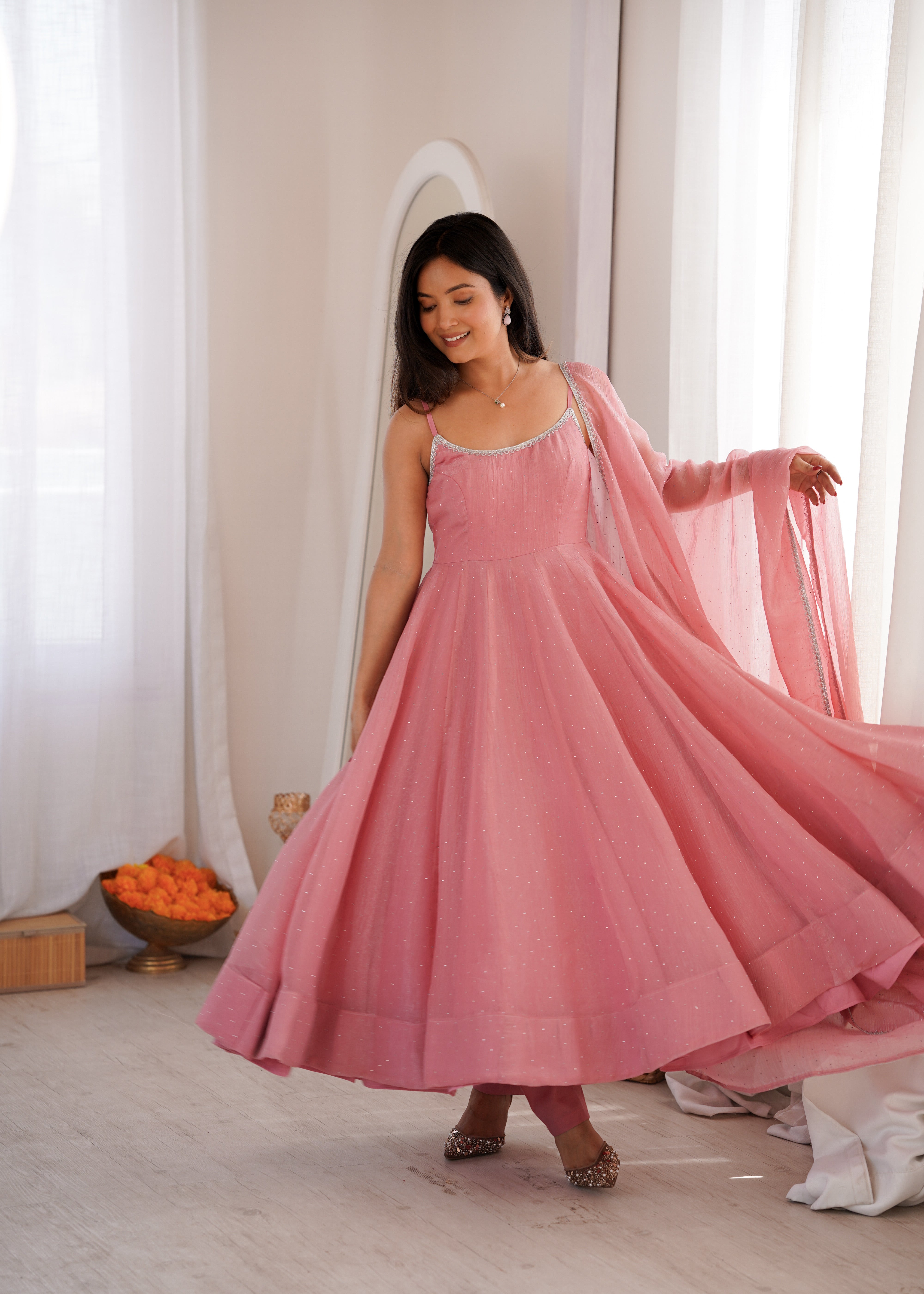 Dusty Pink Crunchy Silk Anarkali Suit with Swarovski Work & Dupatta Set