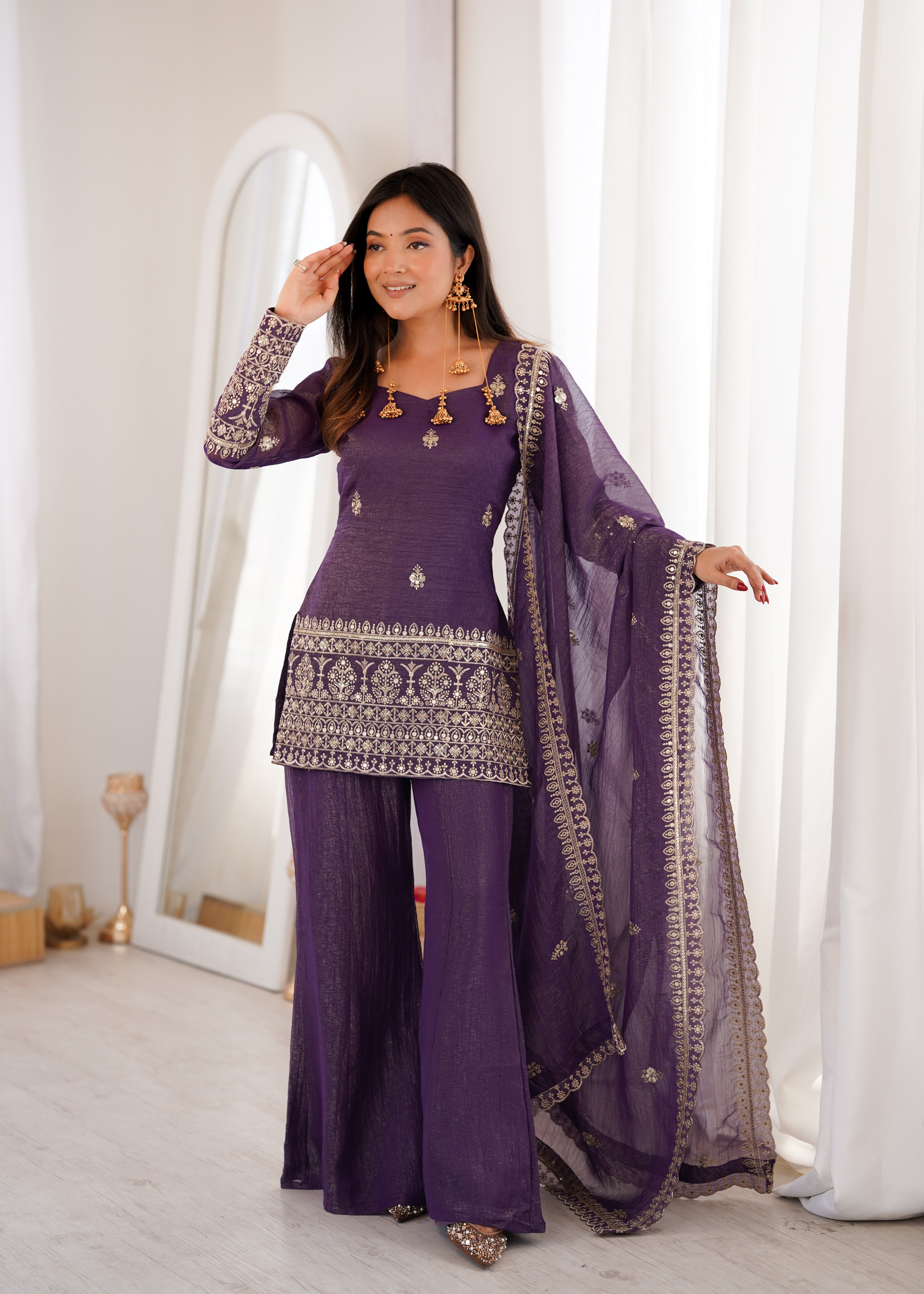 Women’s Crunchy Silk Kurta Set with Bell Bottom Pant & Dupatta | Party & Celebration Wear
