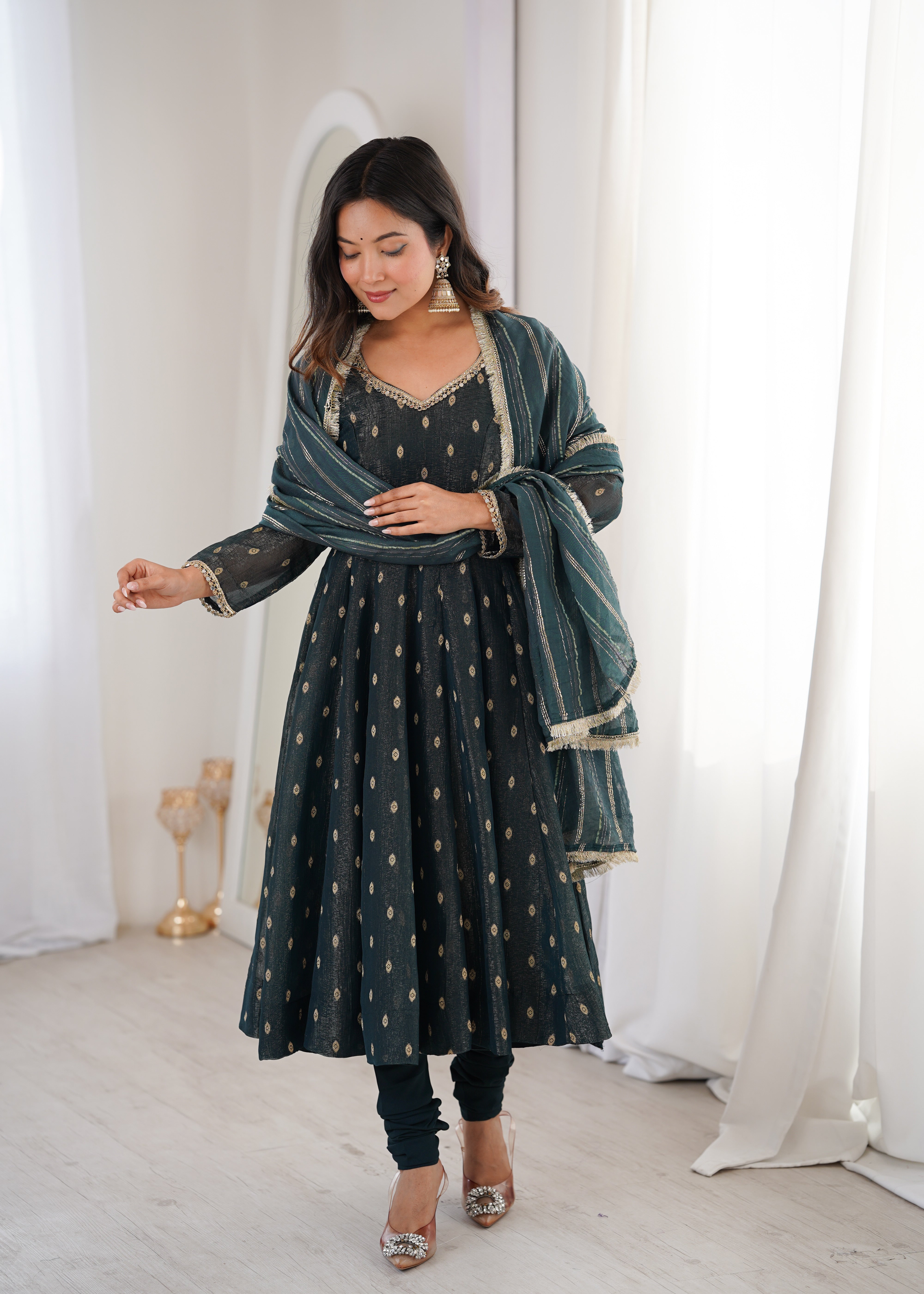 Elegant Designer Anarkali Three Piece Set in Heavy Crunchy Silk for Women | Nardev Fashion