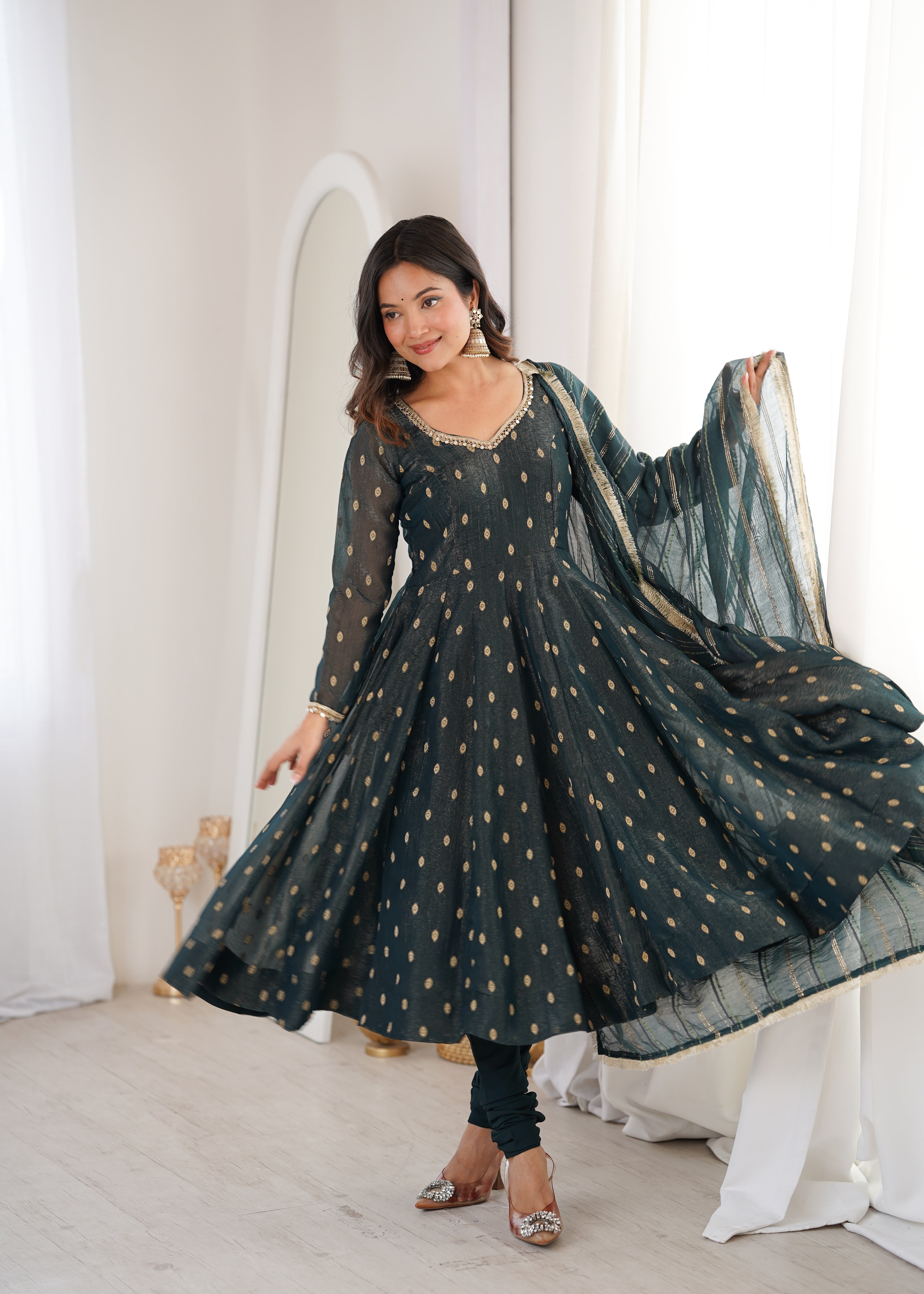 Elegant Designer Anarkali Three Piece Set in Heavy Crunchy Silk for Women | Nardev Fashion