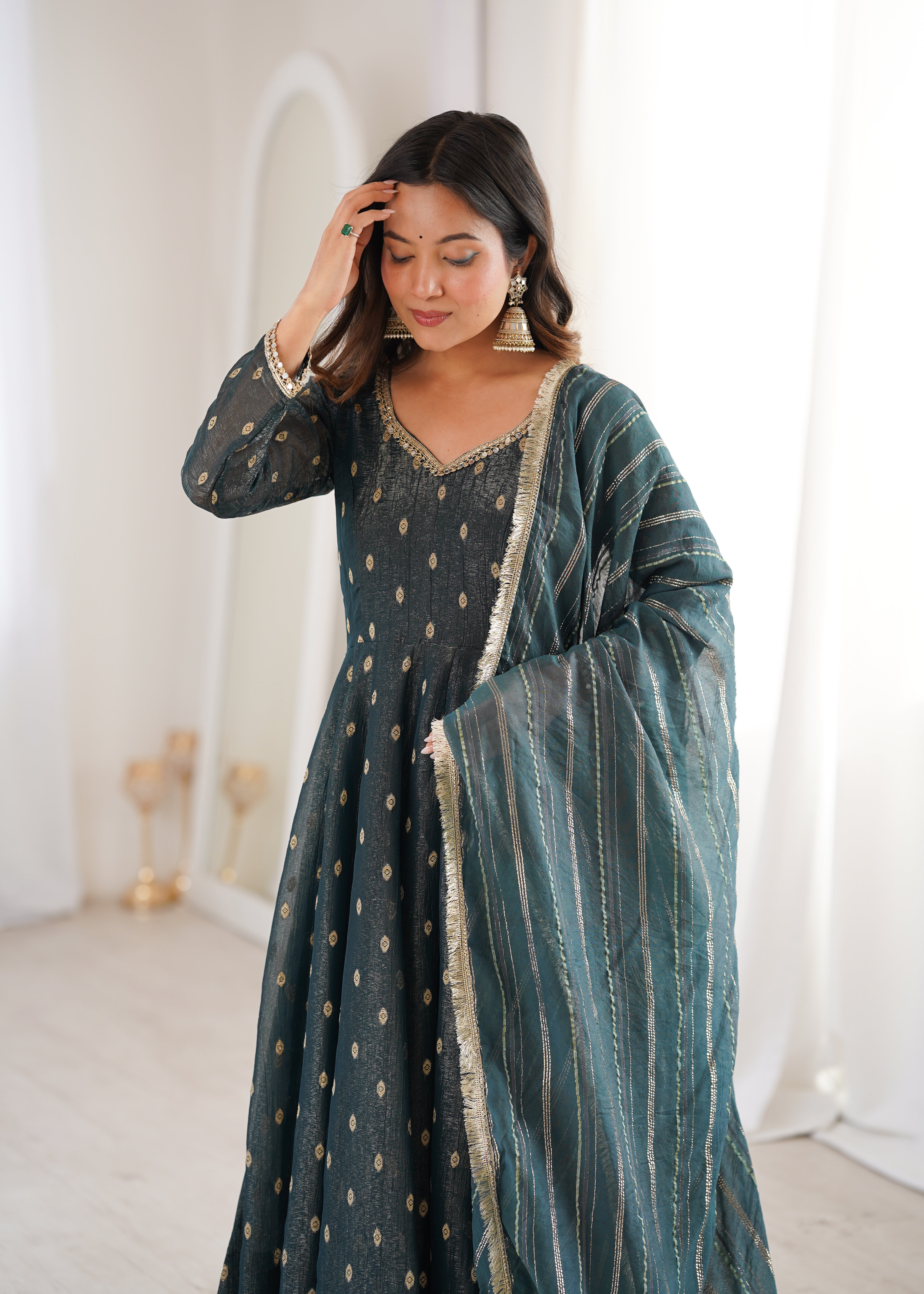 Elegant Designer Anarkali Three Piece Set in Heavy Crunchy Silk for Women | Nardev Fashion