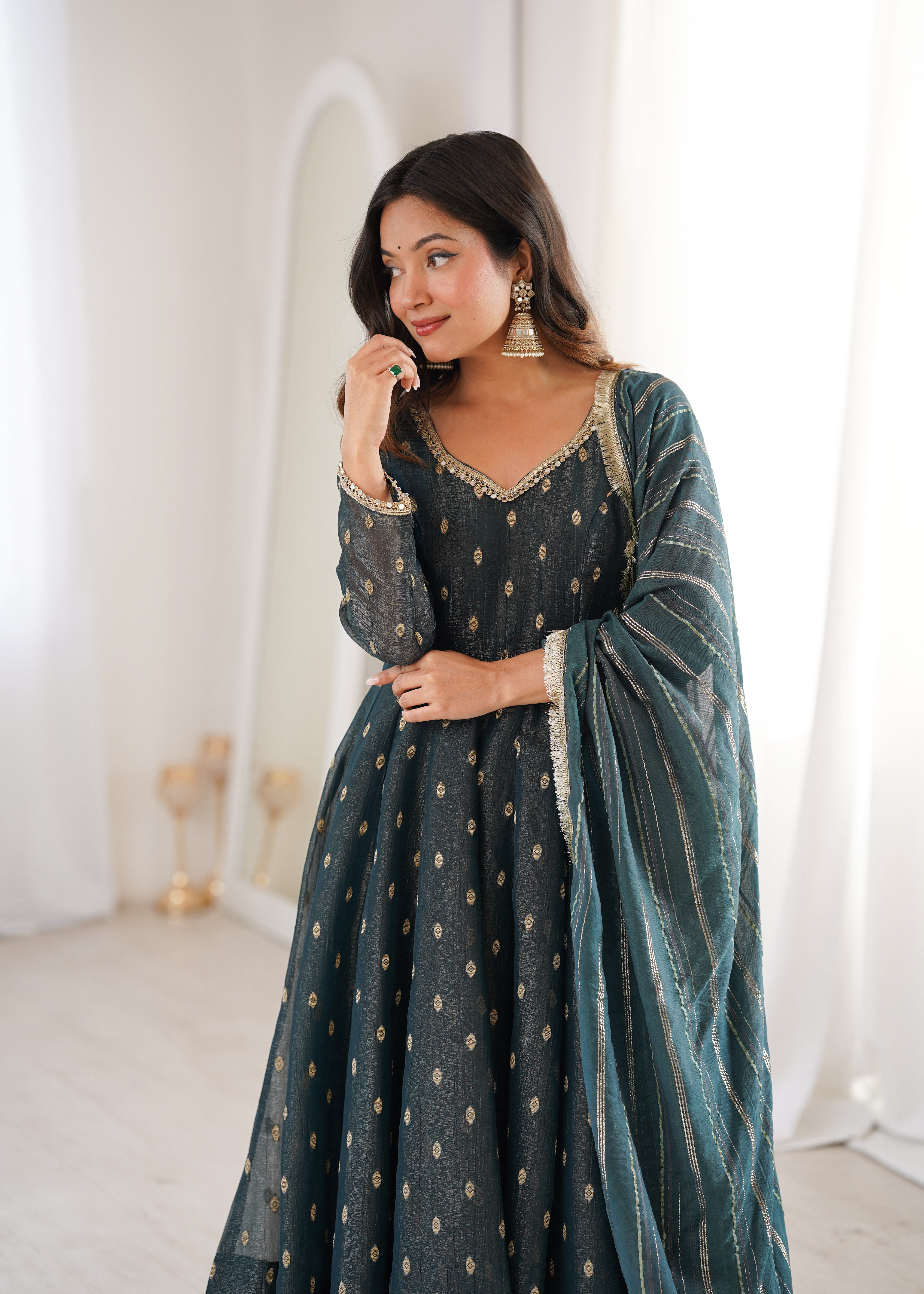 Elegant Designer Anarkali Three Piece Set in Heavy Crunchy Silk for Women | Nardev Fashion