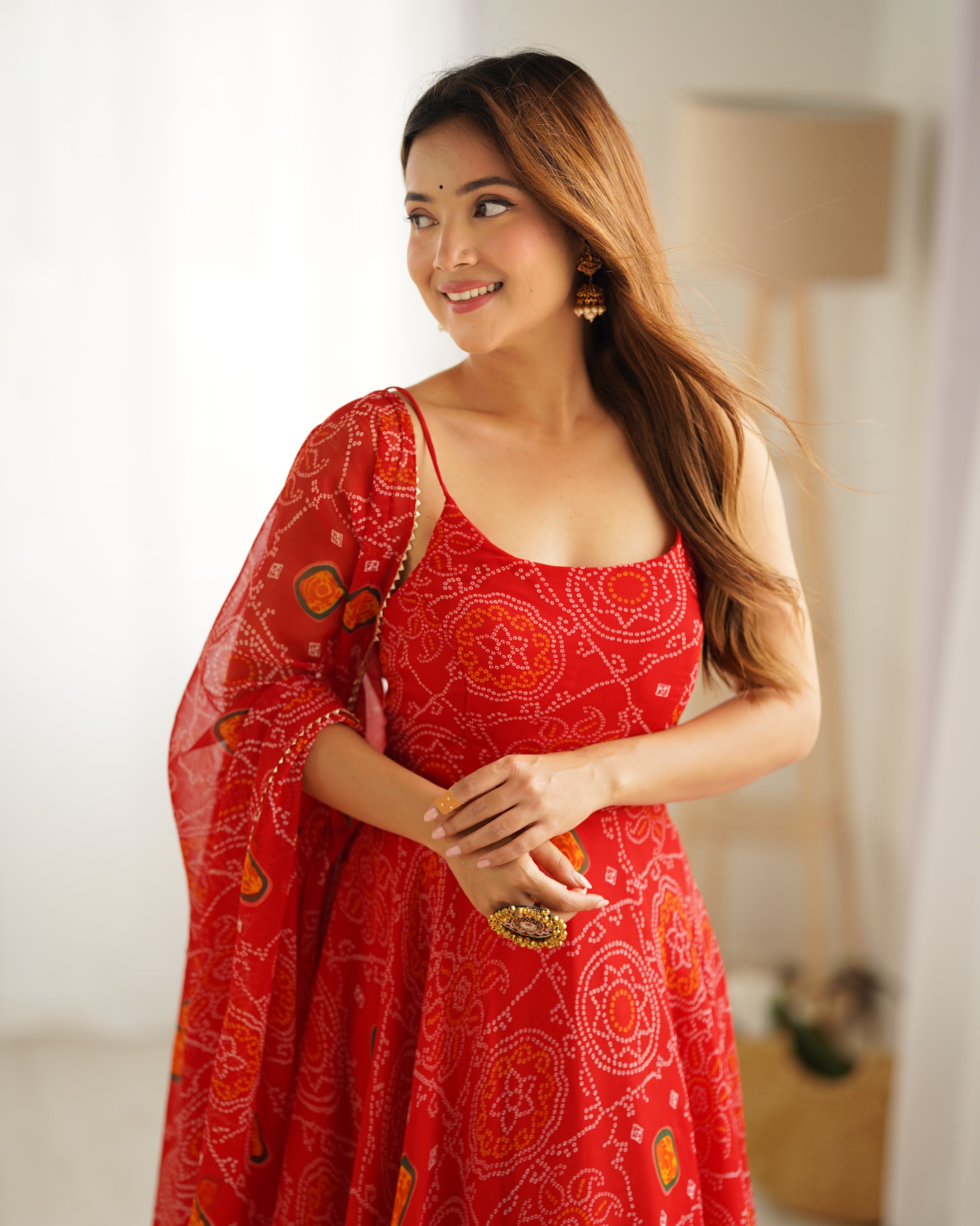 Floral Red Color Soft Chiffon Three Piece Anarkali