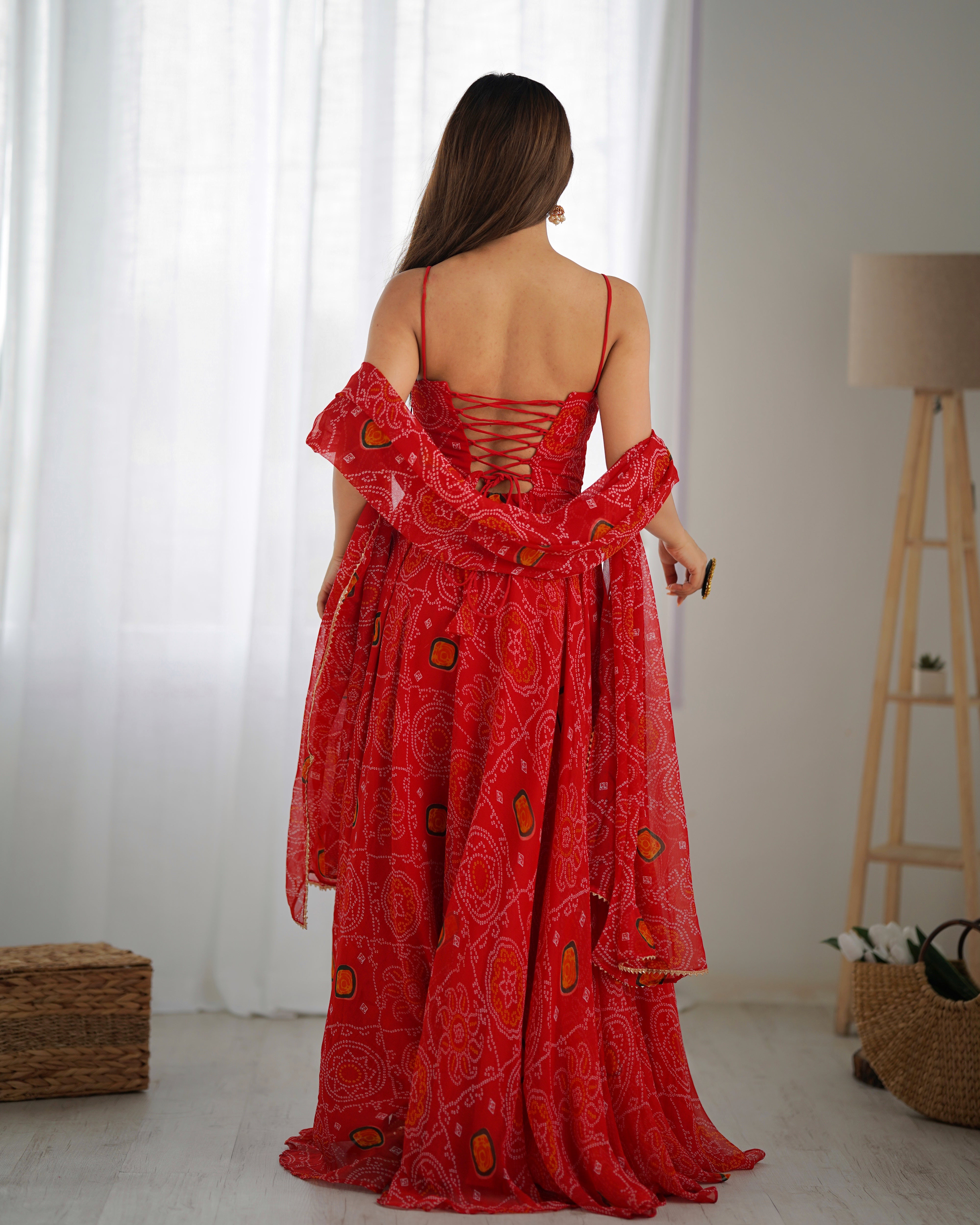 Floral Red Color Soft Chiffon Three Piece Anarkali