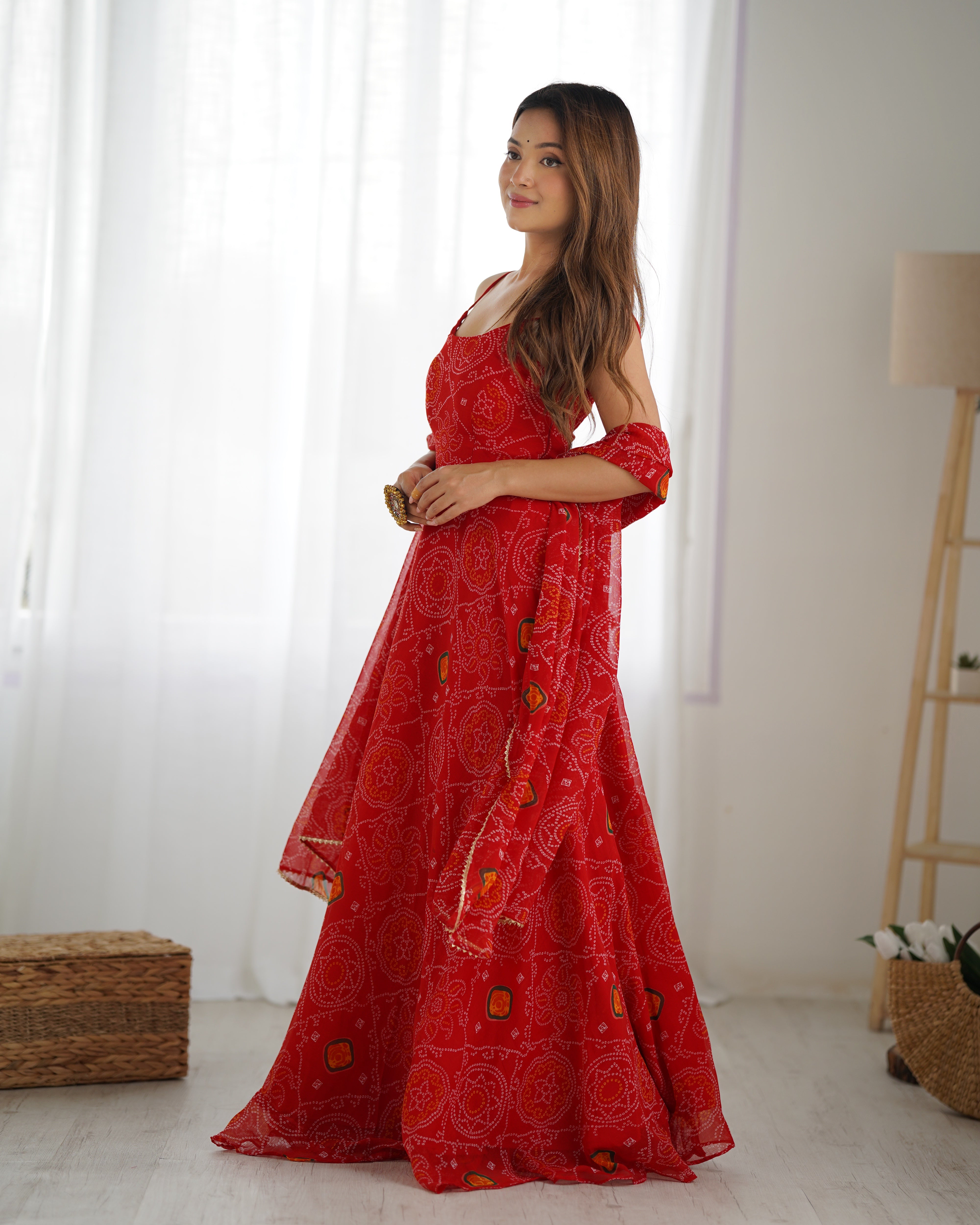 Floral Red Color Soft Chiffon Three Piece Anarkali