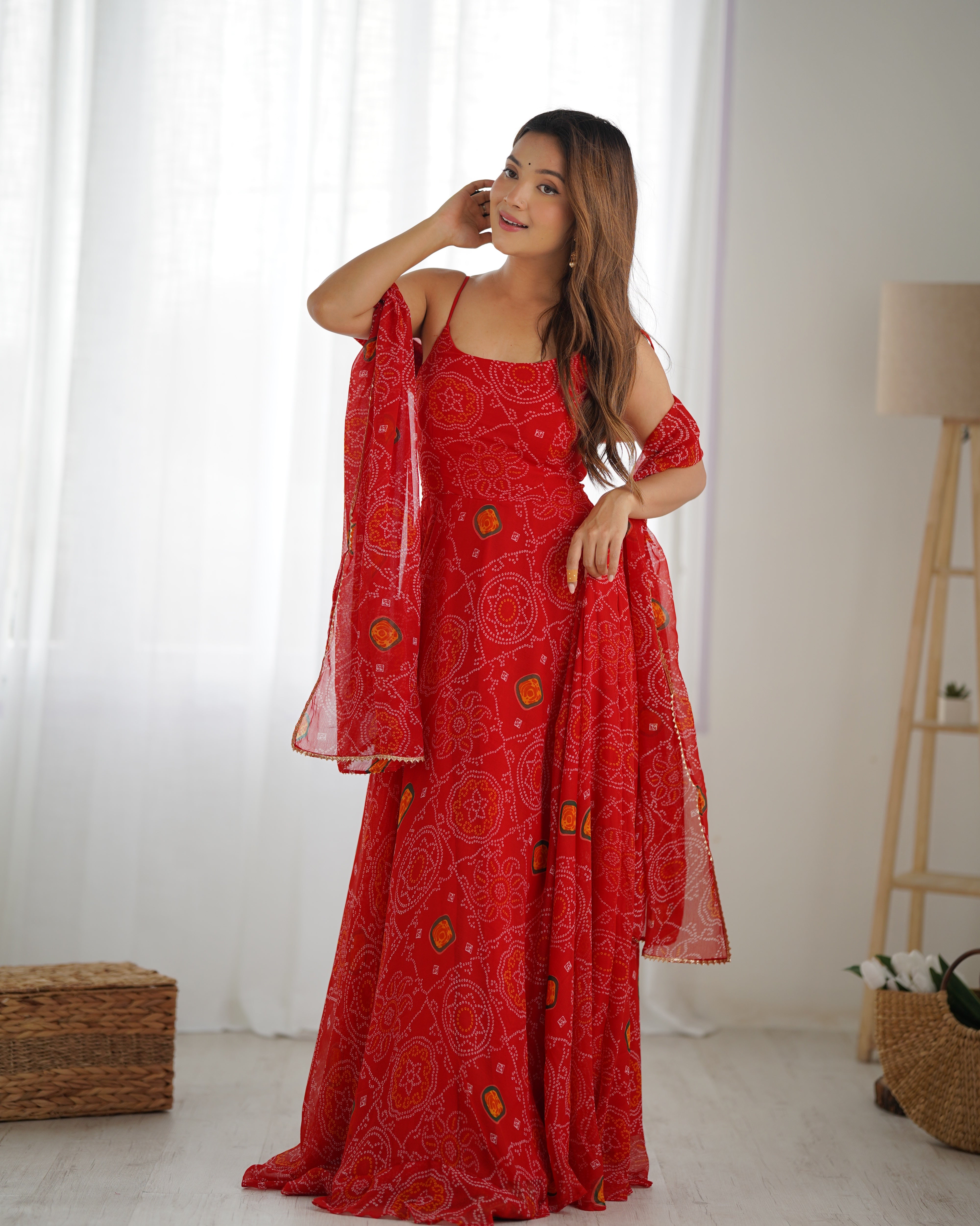 Floral Red Color Soft Chiffon Three Piece Anarkali