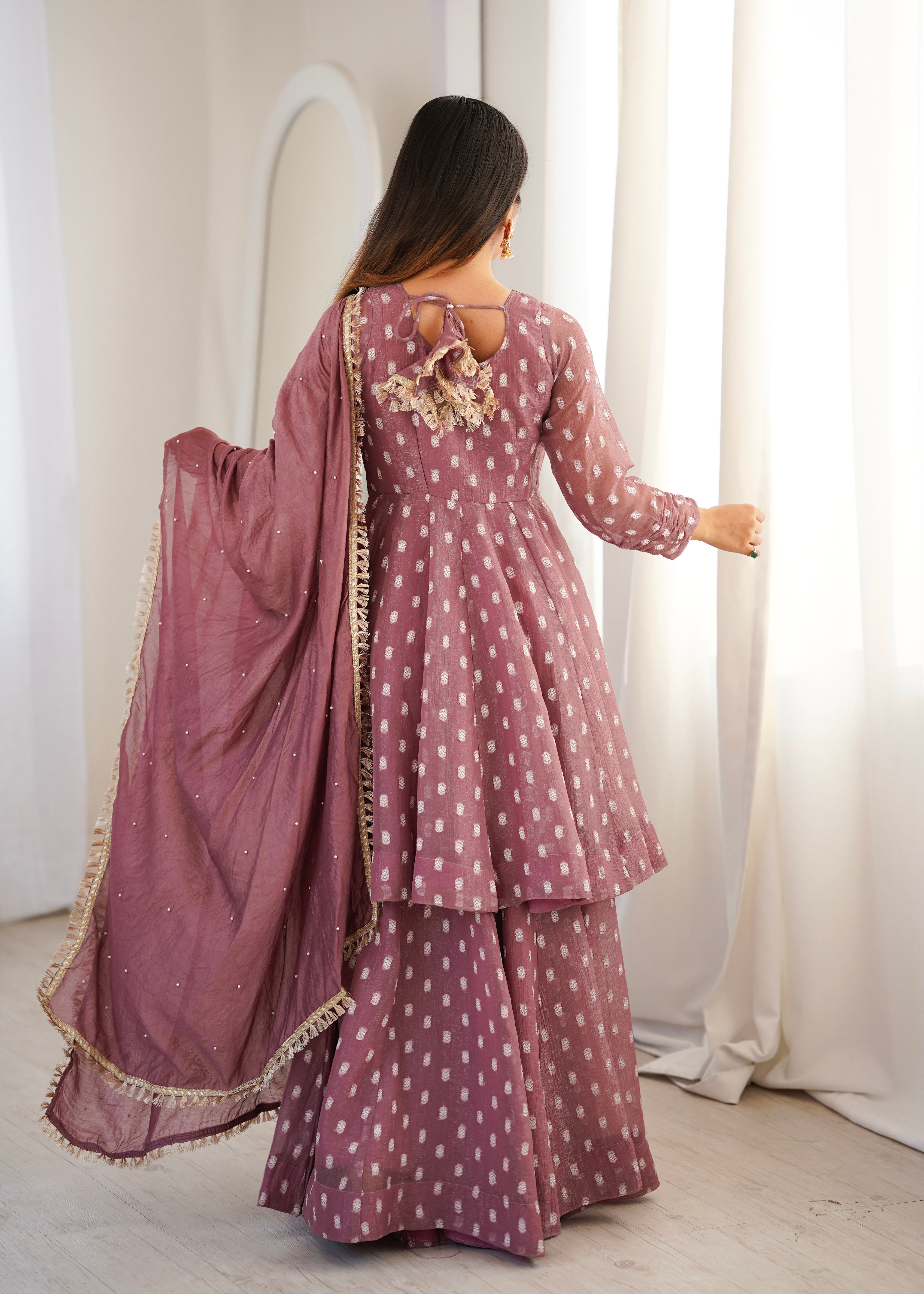 Dusty Mauve Crunchy Silk Jacquard Sharara Suit Set with Dupatta