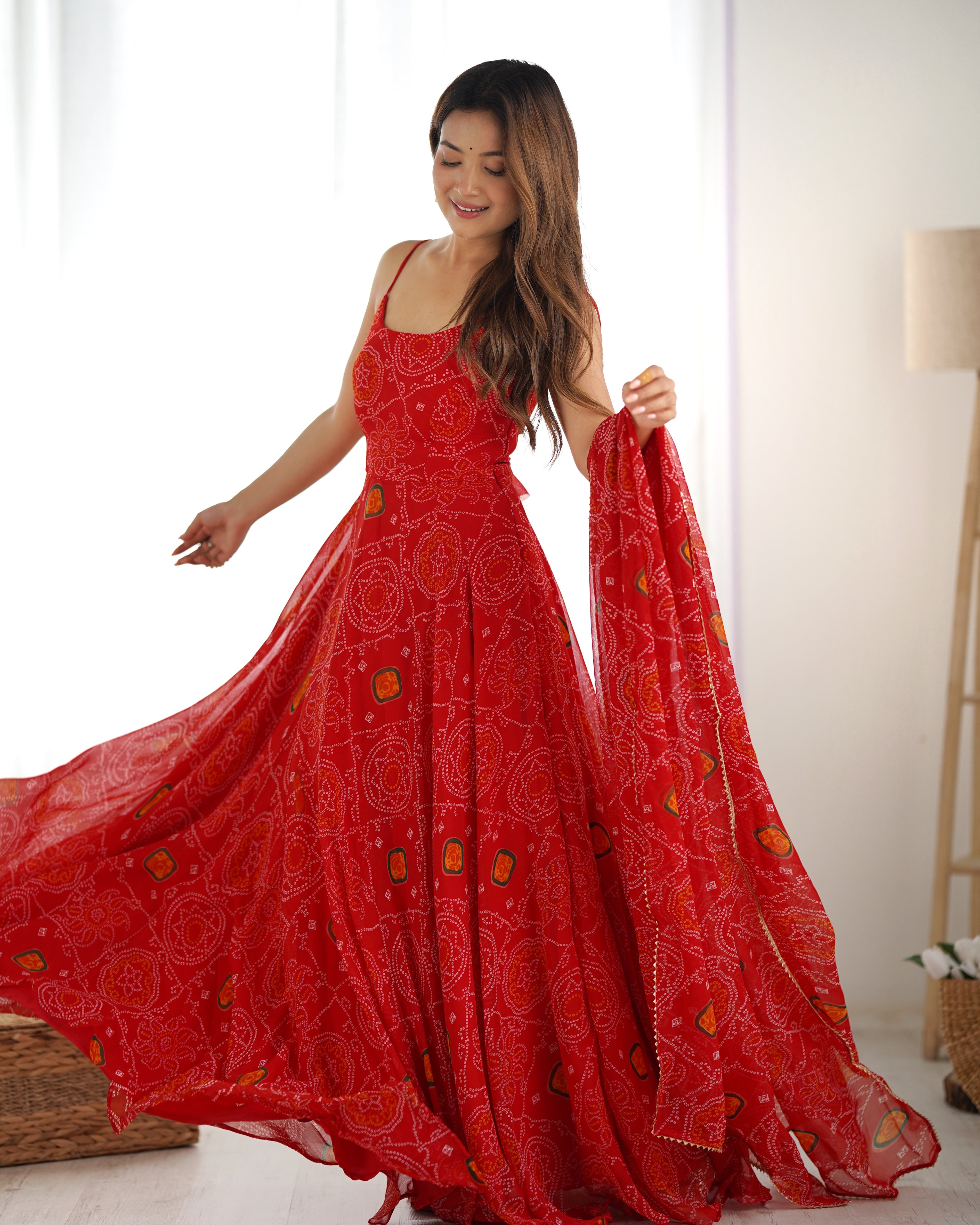 Floral Red Color Soft Chiffon Three Piece Anarkali