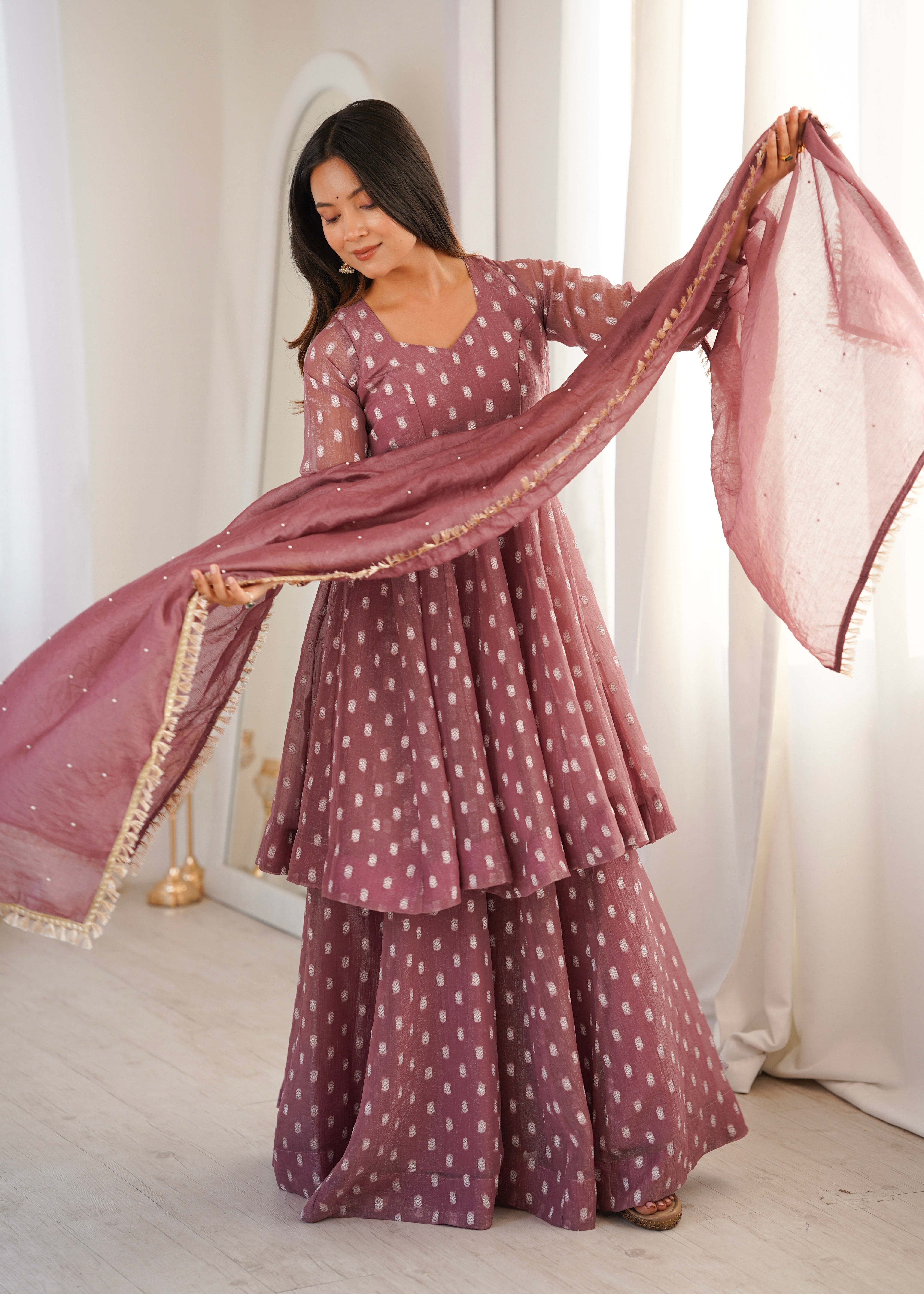 Dusty Mauve Crunchy Silk Jacquard Sharara Suit Set with Dupatta