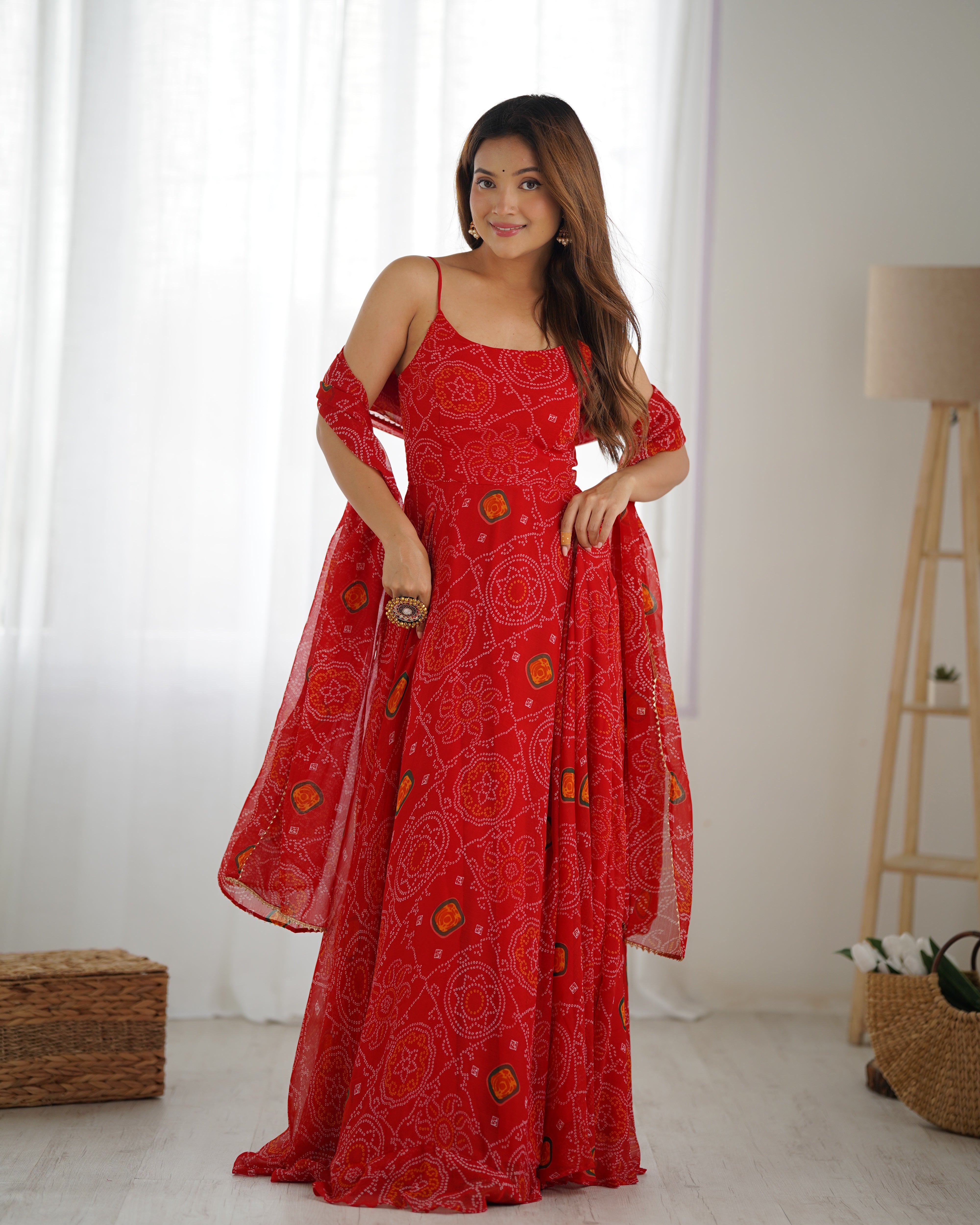 Floral Red Color Soft Chiffon Three Piece Anarkali