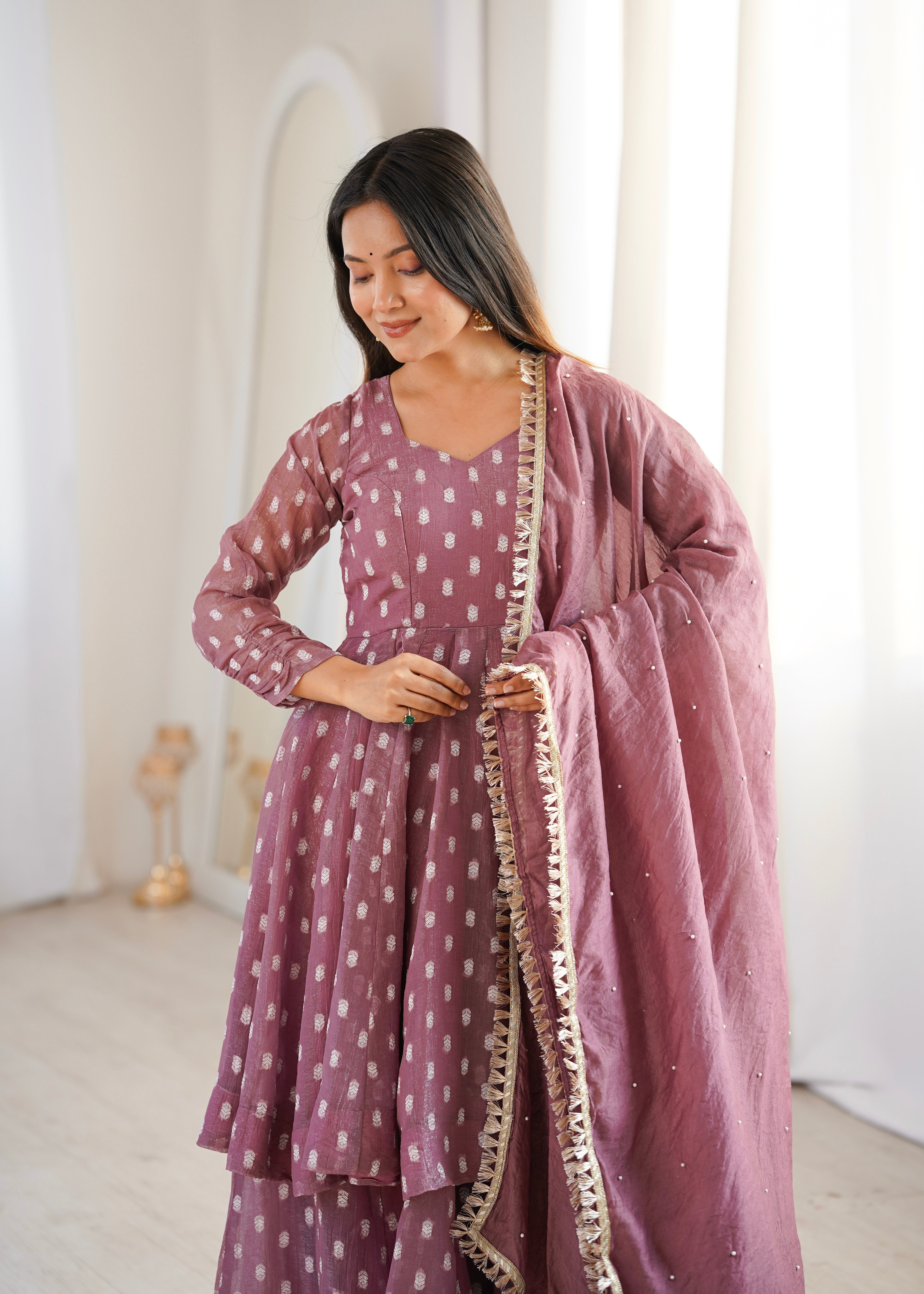 Dusty Mauve Crunchy Silk Jacquard Sharara Suit Set with Dupatta