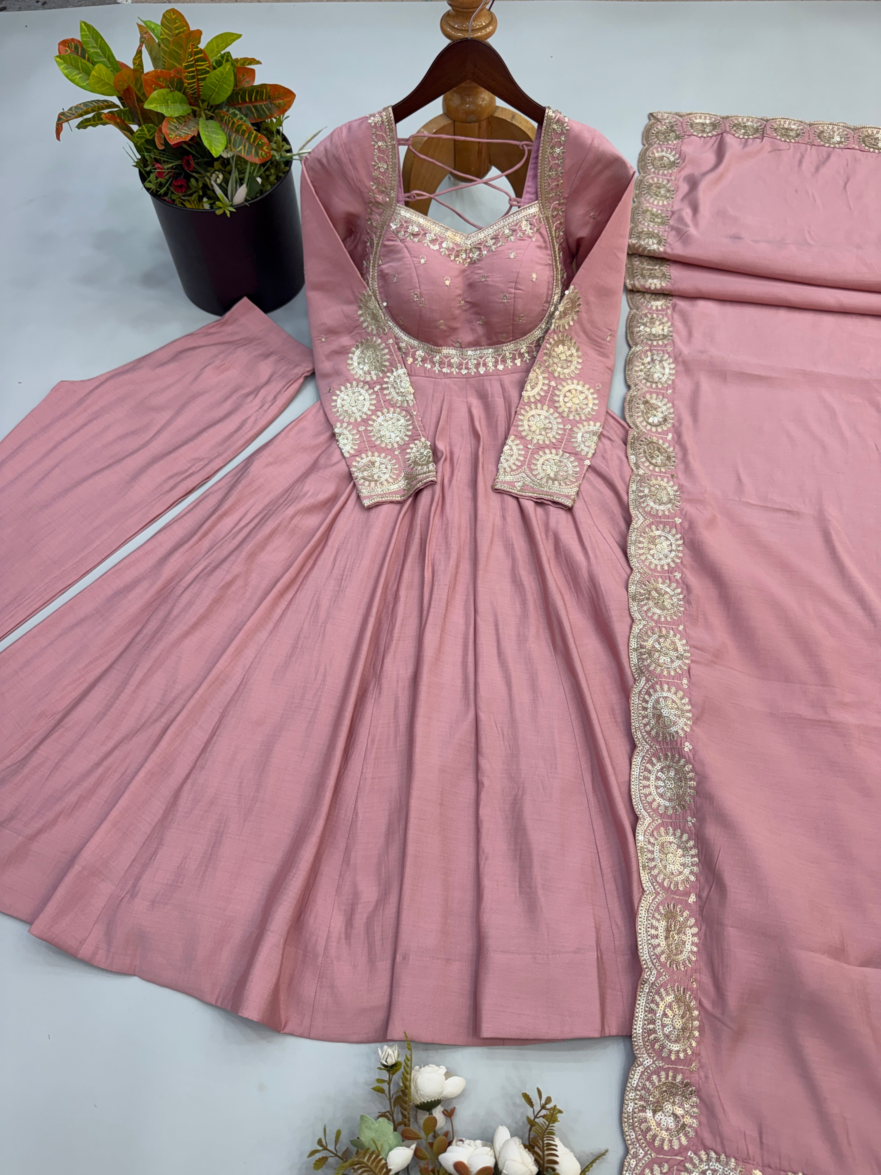 Blush Pink Roman Silk Embroidered Anarkali Gown Set with Chanderi Dupatta