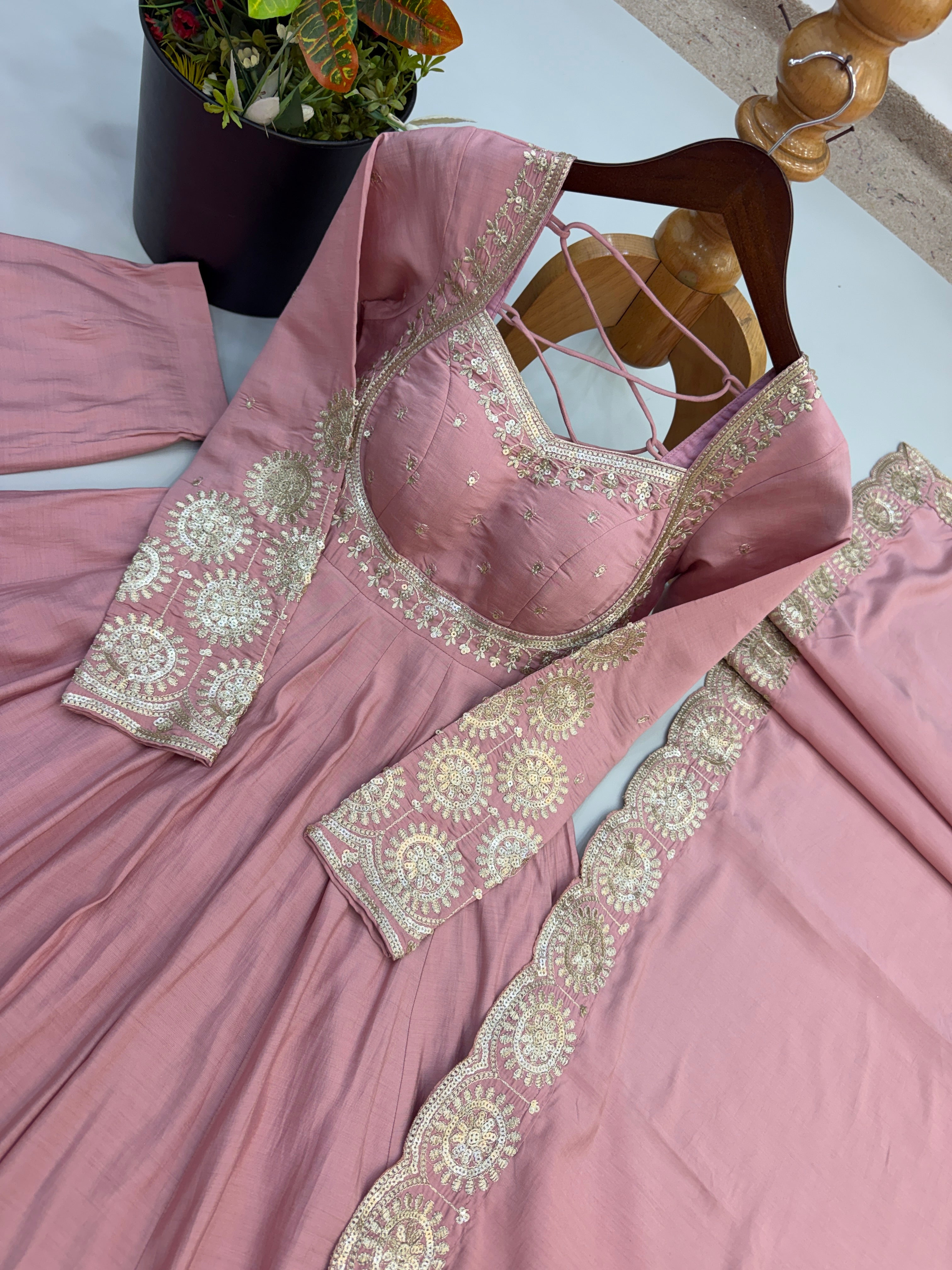 Blush Pink Roman Silk Embroidered Anarkali Gown Set with Chanderi Dupatta