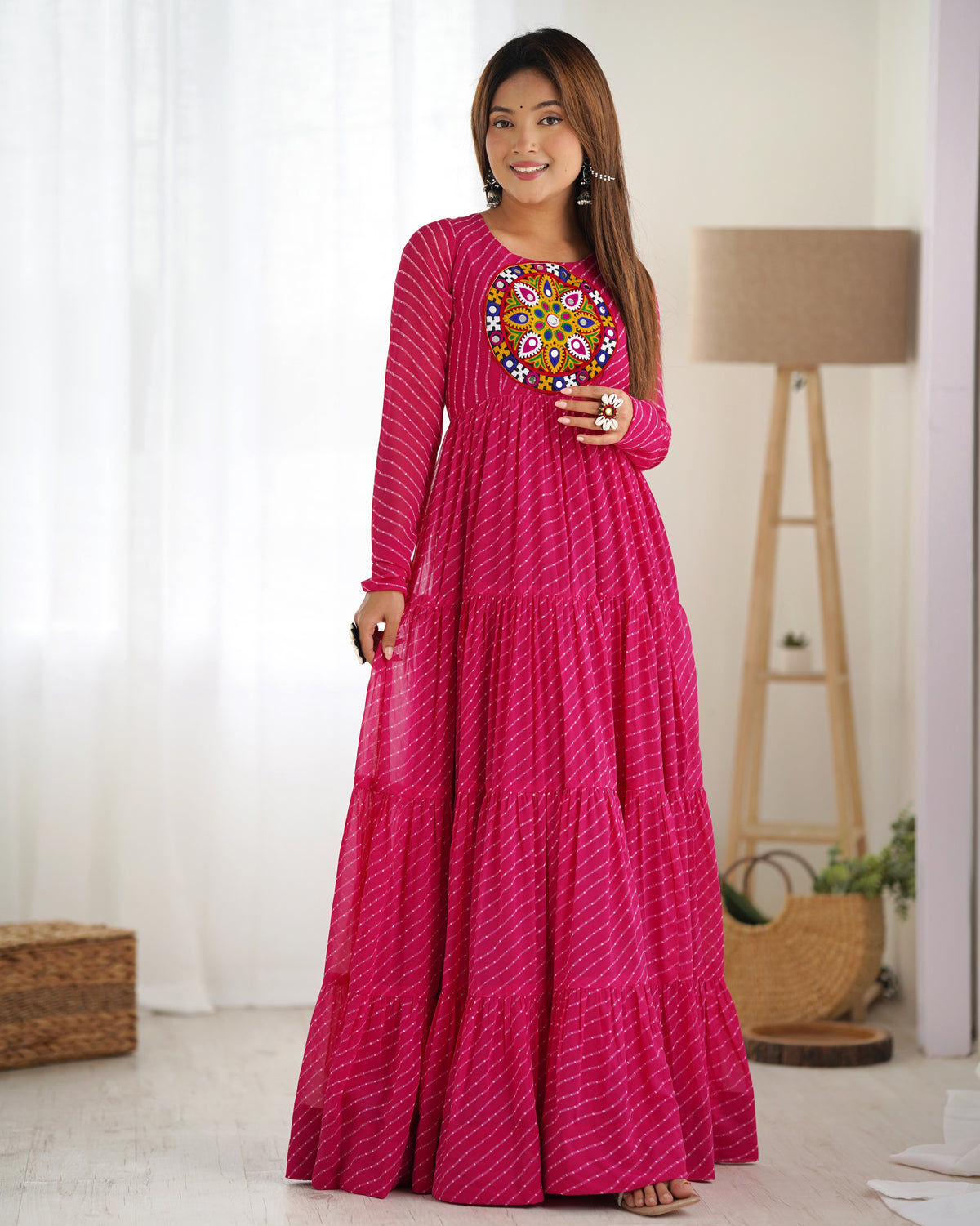 Magenta Pink Laheriya 7 Meter Flair Anarkali Gown | Gamthi Work