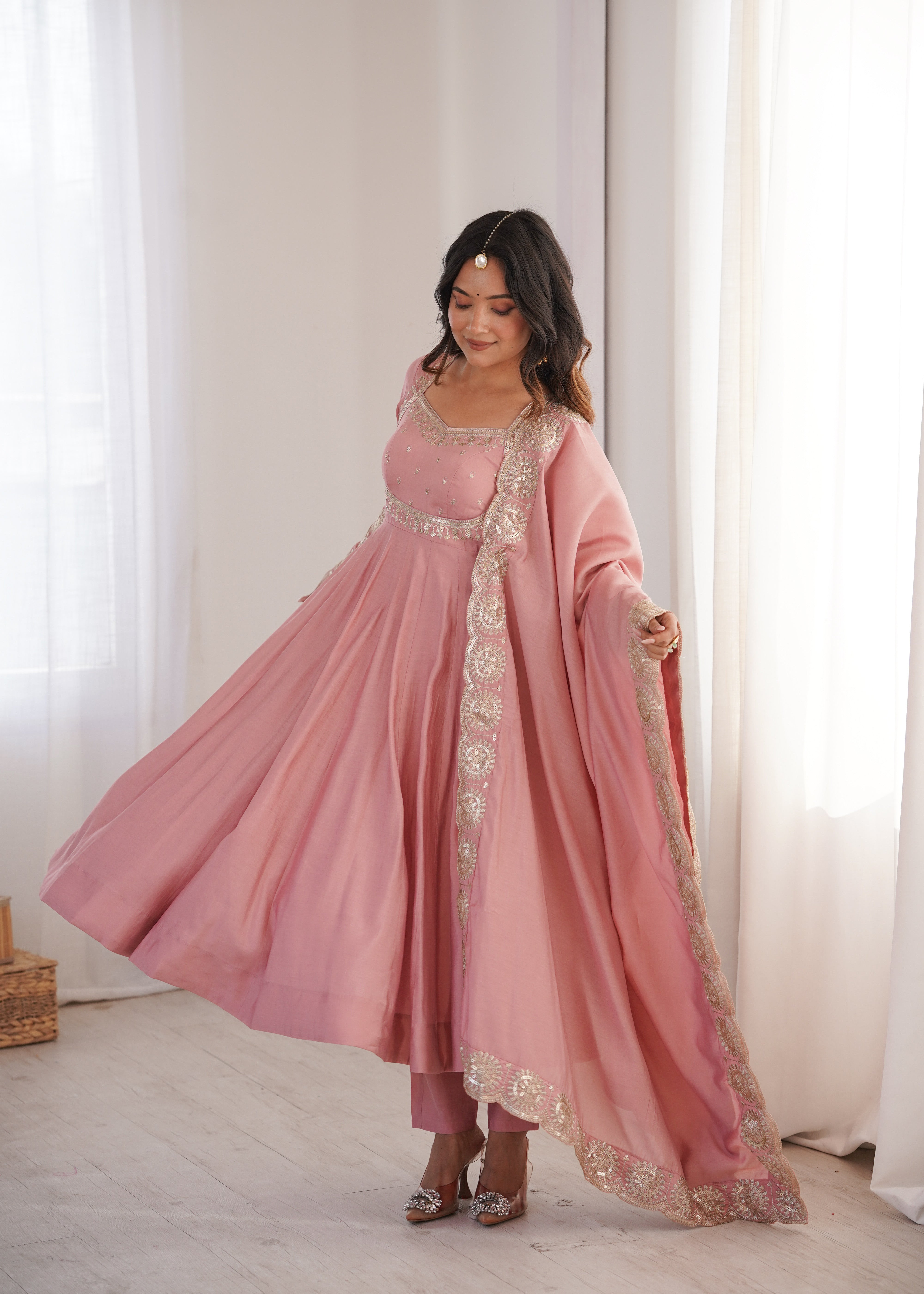 Blush Pink Roman Silk Embroidered Anarkali Gown Set with Chanderi Dupatta