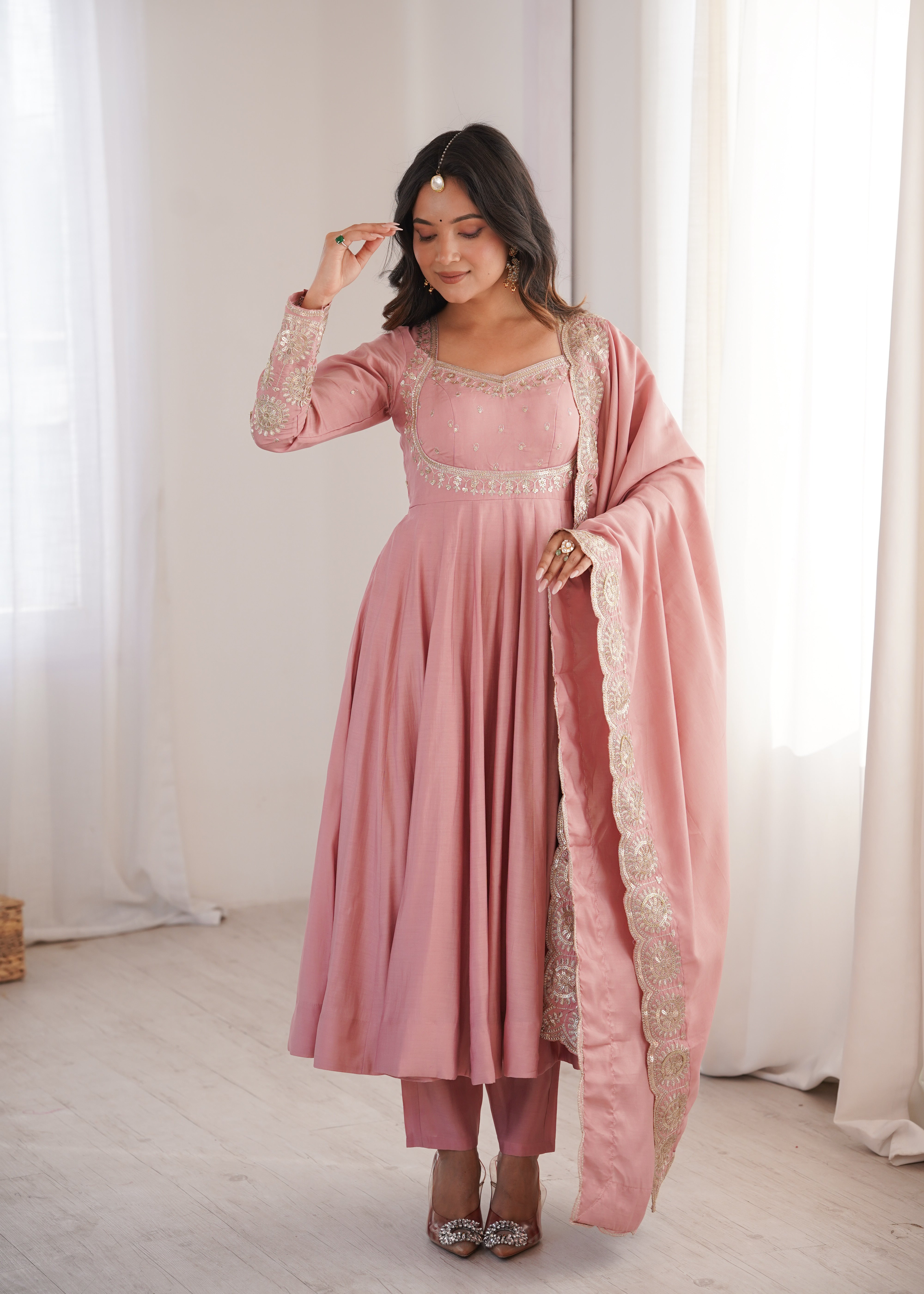 Blush Pink Roman Silk Embroidered Anarkali Gown Set with Chanderi Dupatta