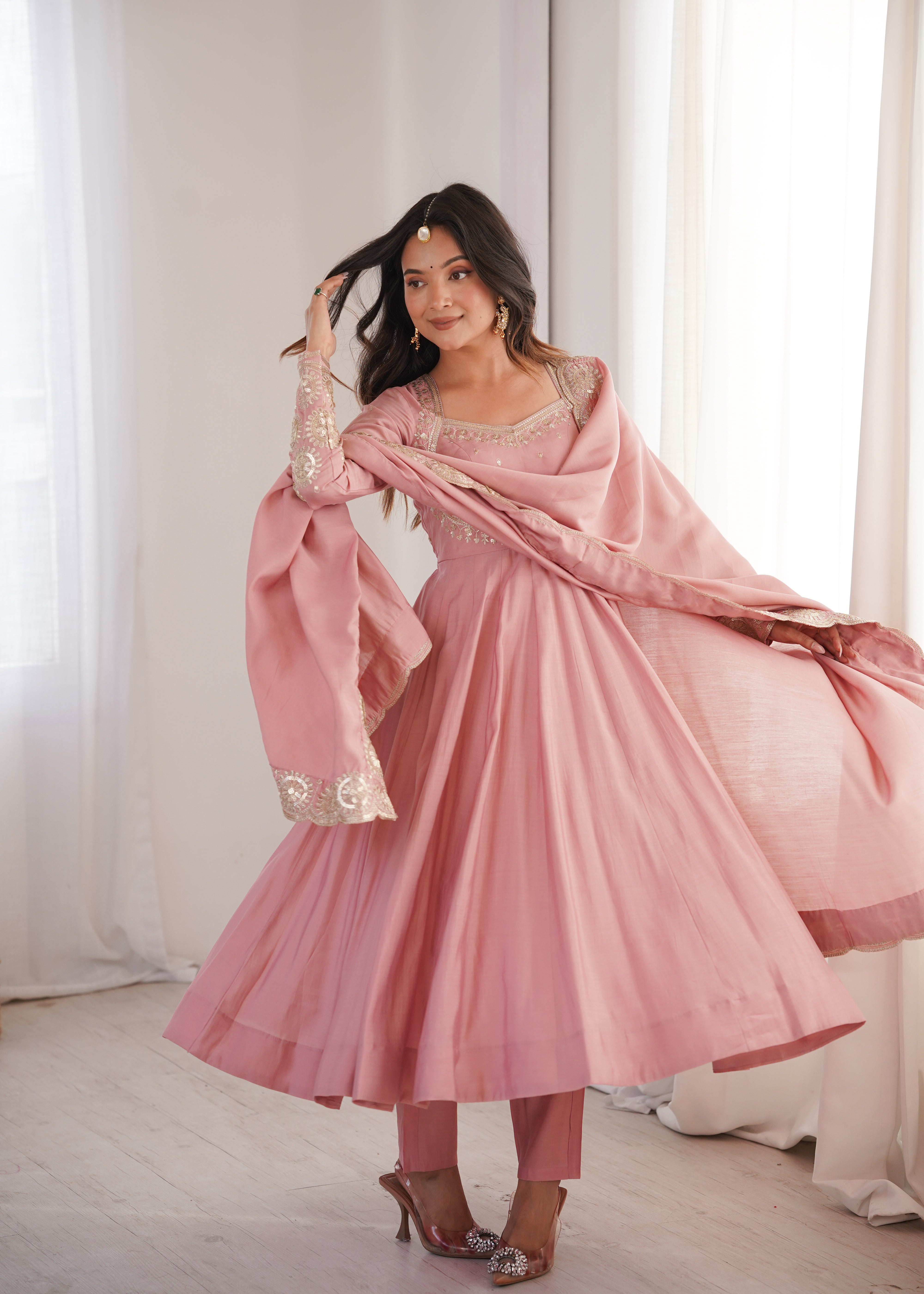 Blush Pink Roman Silk Embroidered Anarkali Gown Set with Chanderi Dupatta