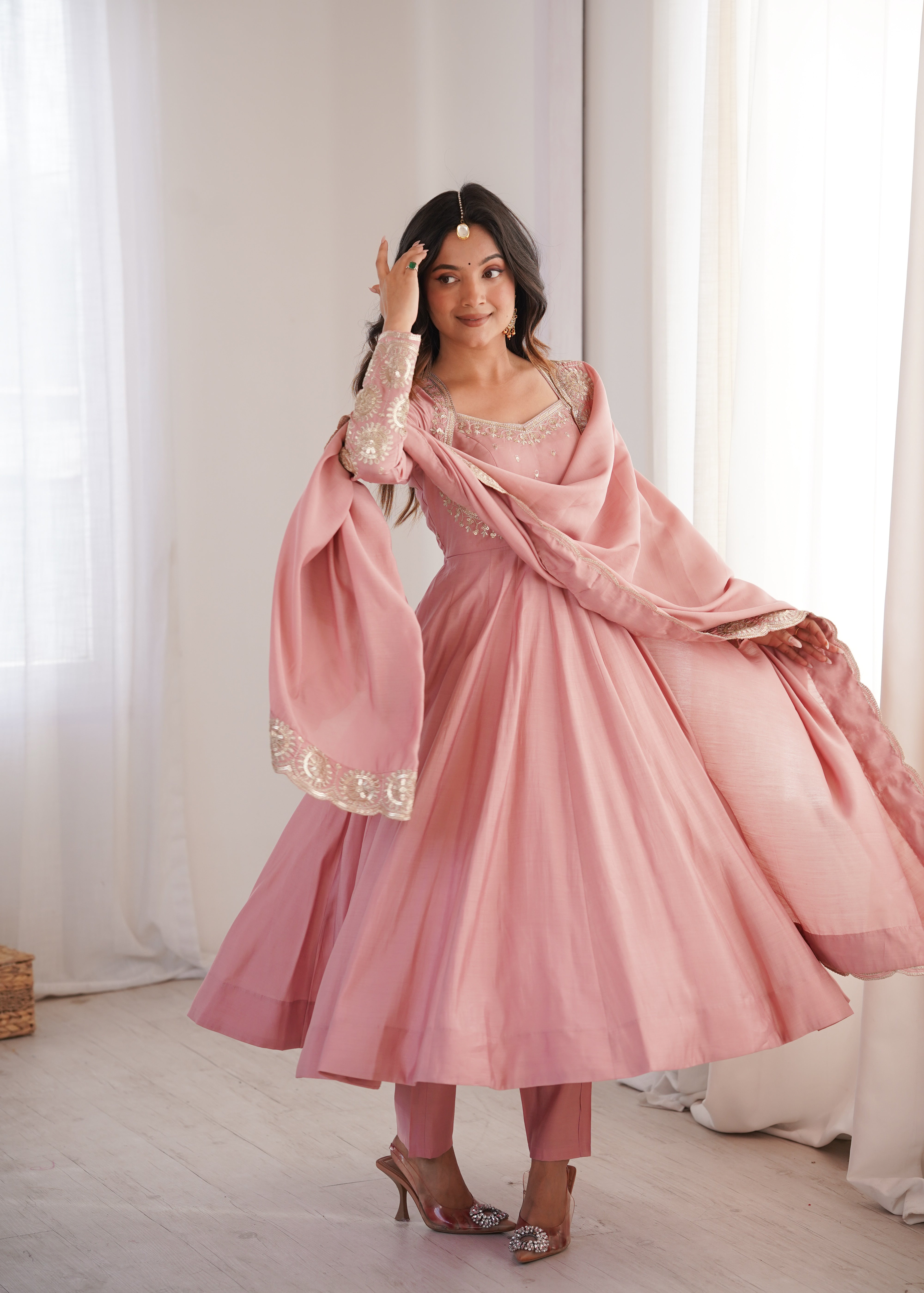 Blush Pink Roman Silk Embroidered Anarkali Gown Set with Chanderi Dupatta
