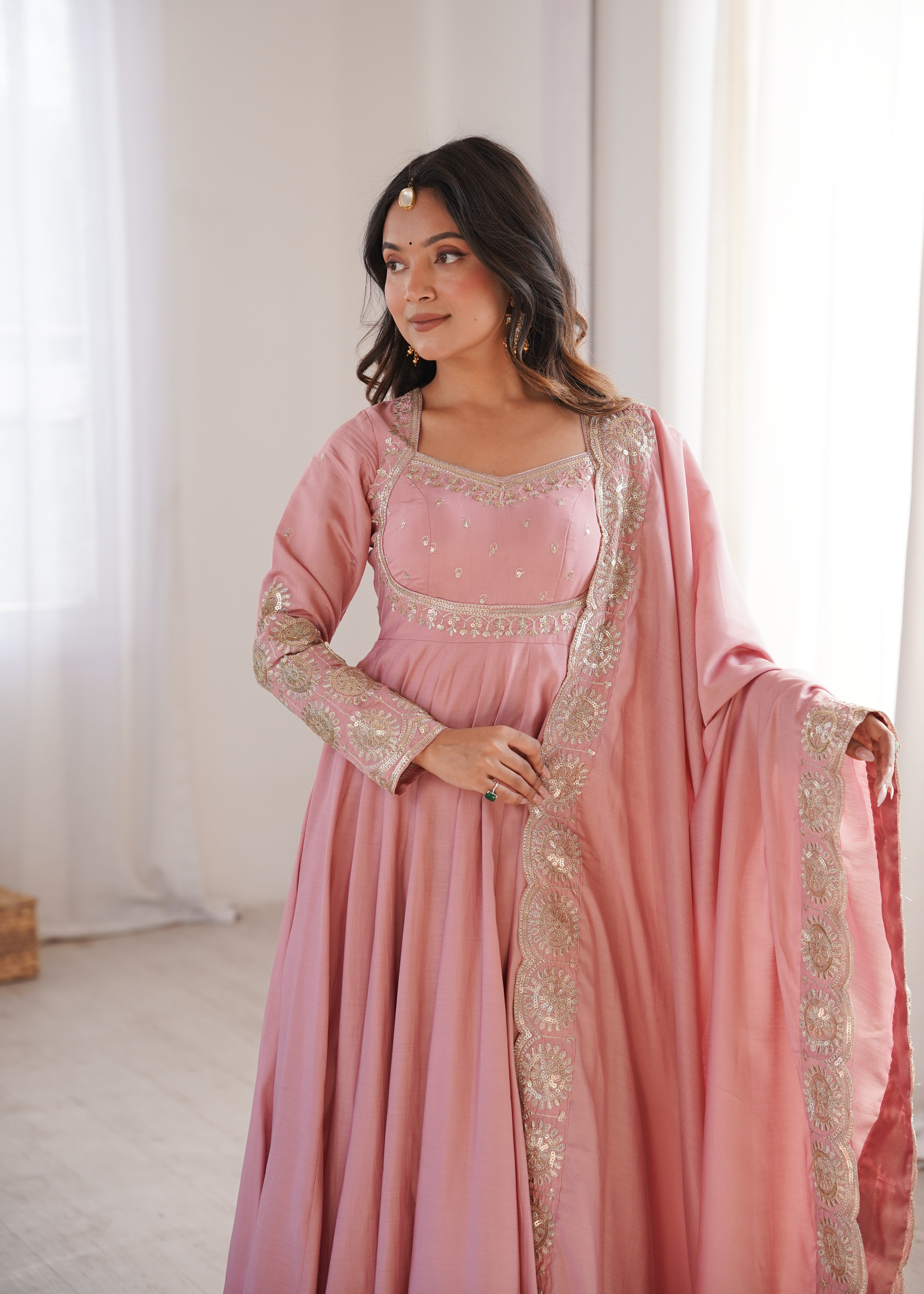 Blush Pink Roman Silk Embroidered Anarkali Gown Set with Chanderi Dupatta
