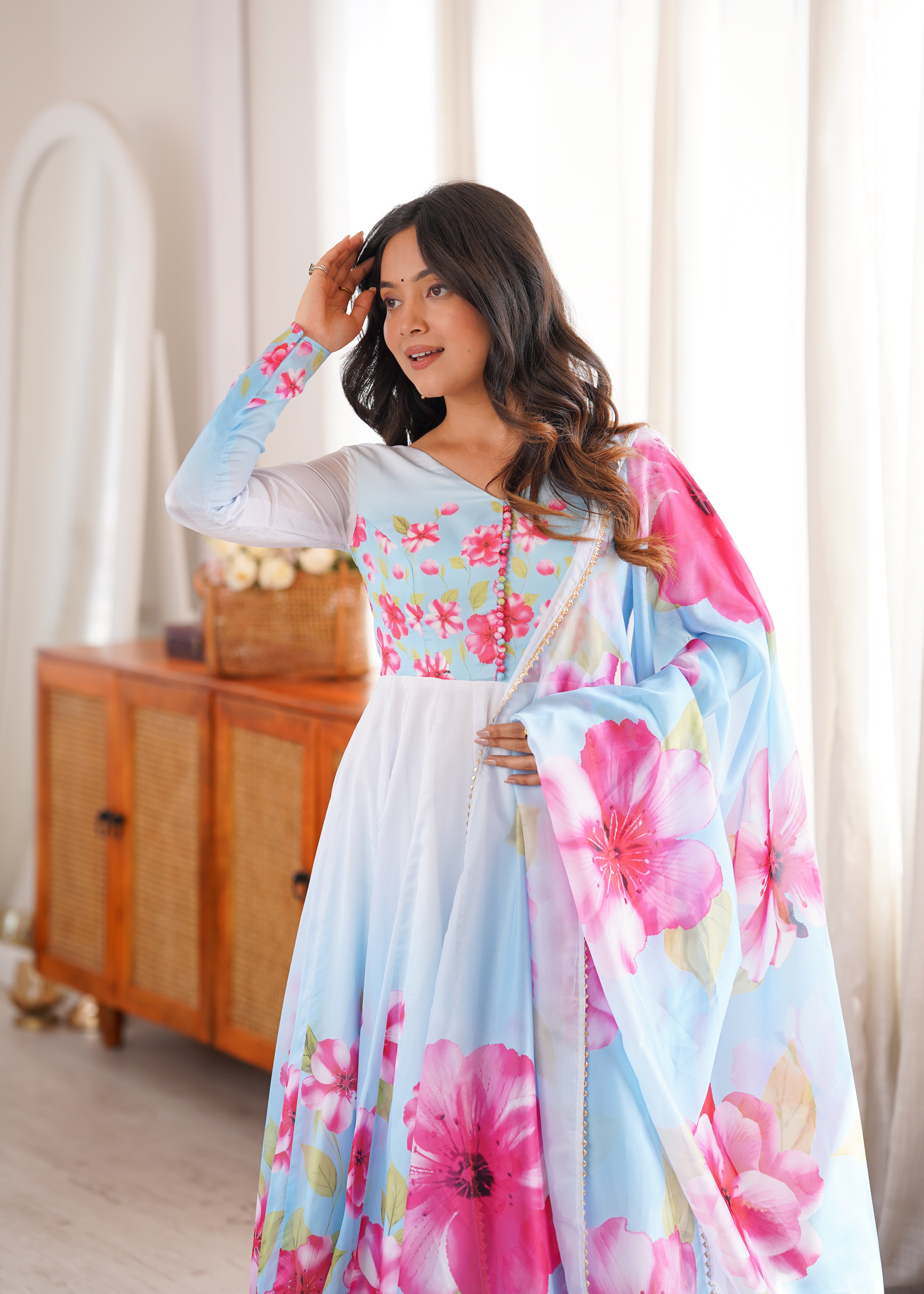 Sky Blue Floral Organza Silk Anarkali Suit Set with Dupatta | Fully Stitched Party Wear Gown
