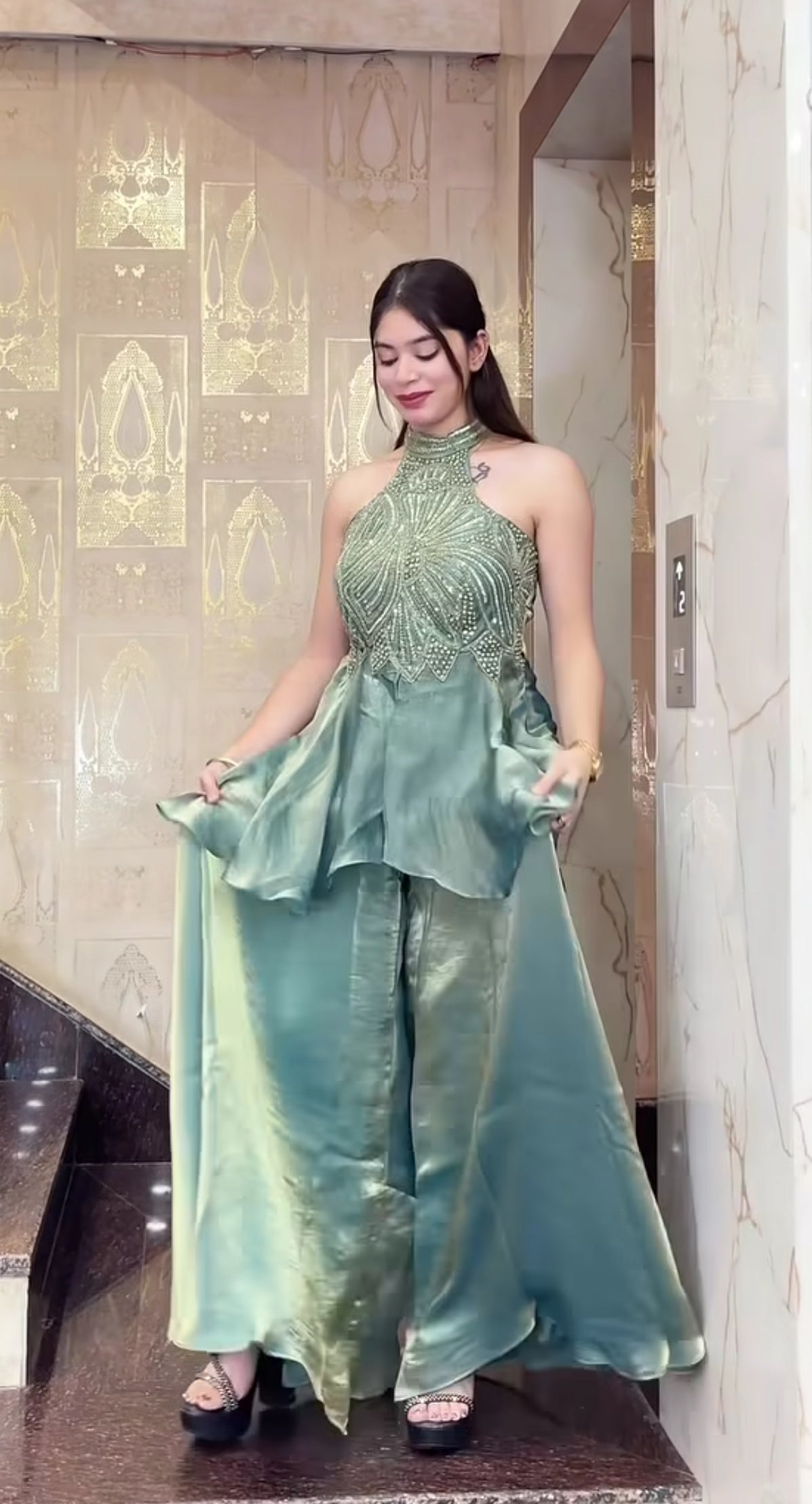 Sky Designer Full Neck Handwork Sharara Set for Women S to XXL – Premium Fendy Silk Party Wear