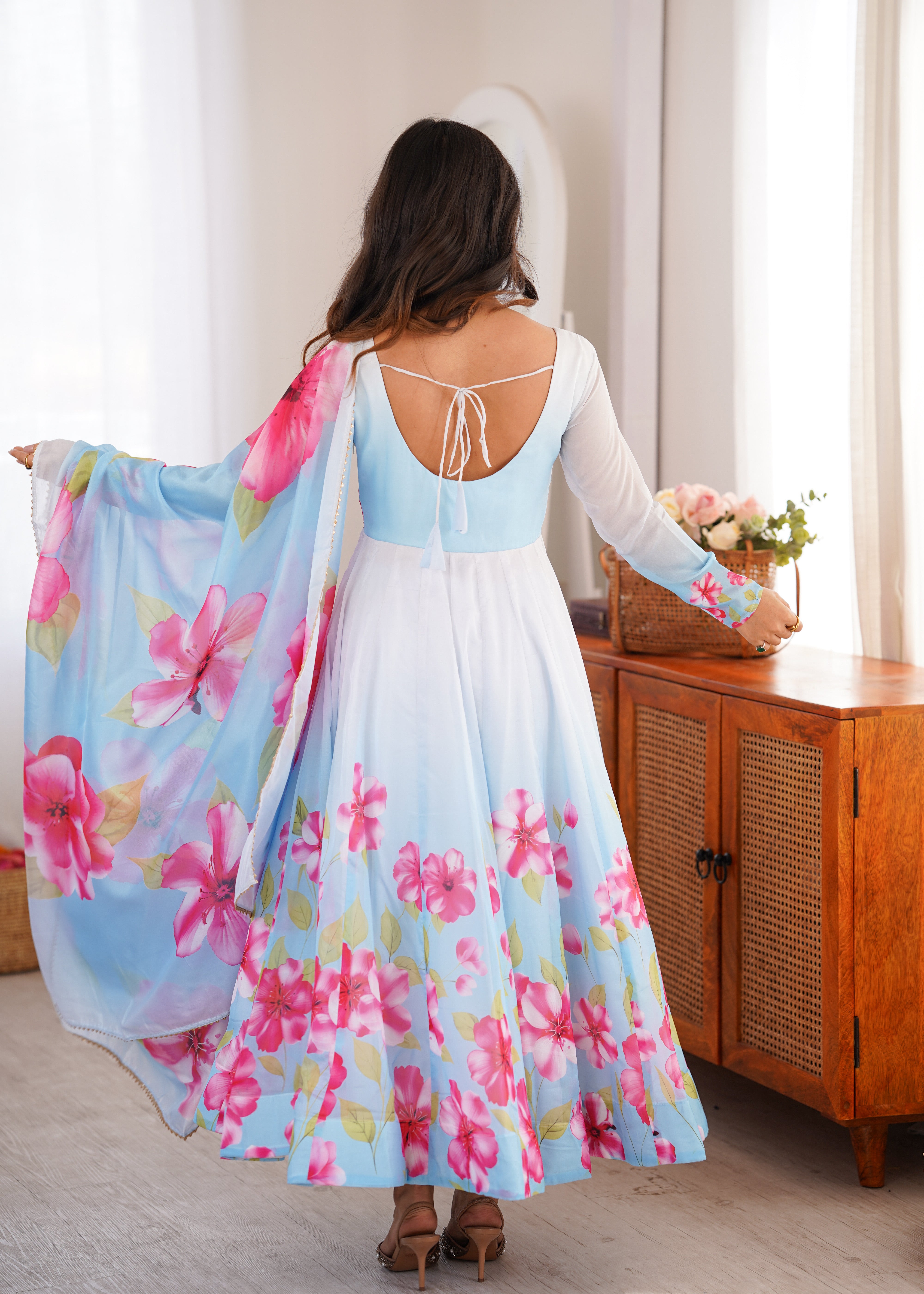 Sky Blue Floral Organza Silk Anarkali Suit Set with Dupatta | Fully Stitched Party Wear Gown
