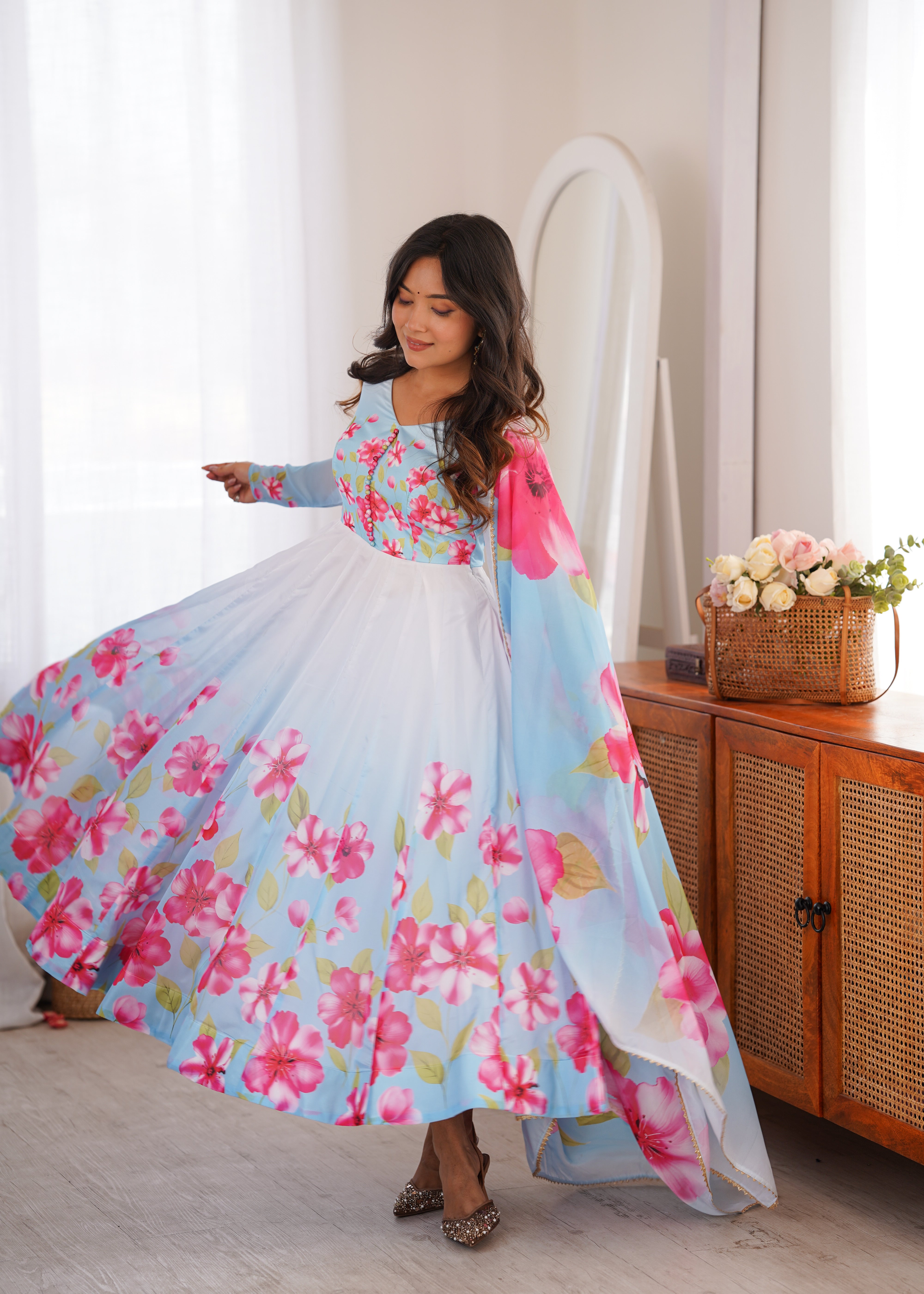 Sky Blue Floral Organza Silk Anarkali Suit Set with Dupatta | Fully Stitched Party Wear Gown