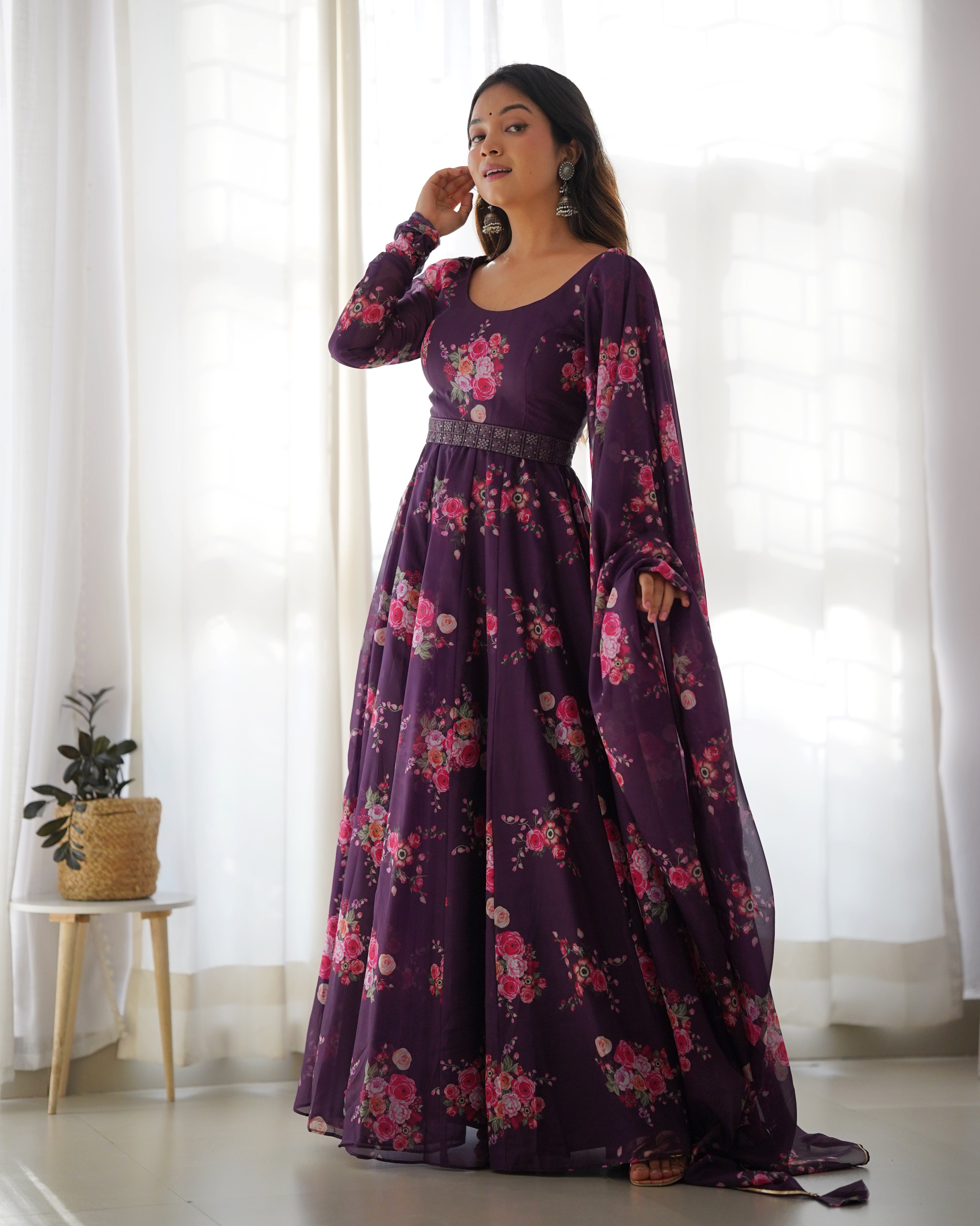 Valentine Wine Floral Anarkali Gown | Ready to Wear | Lucknowi Belt