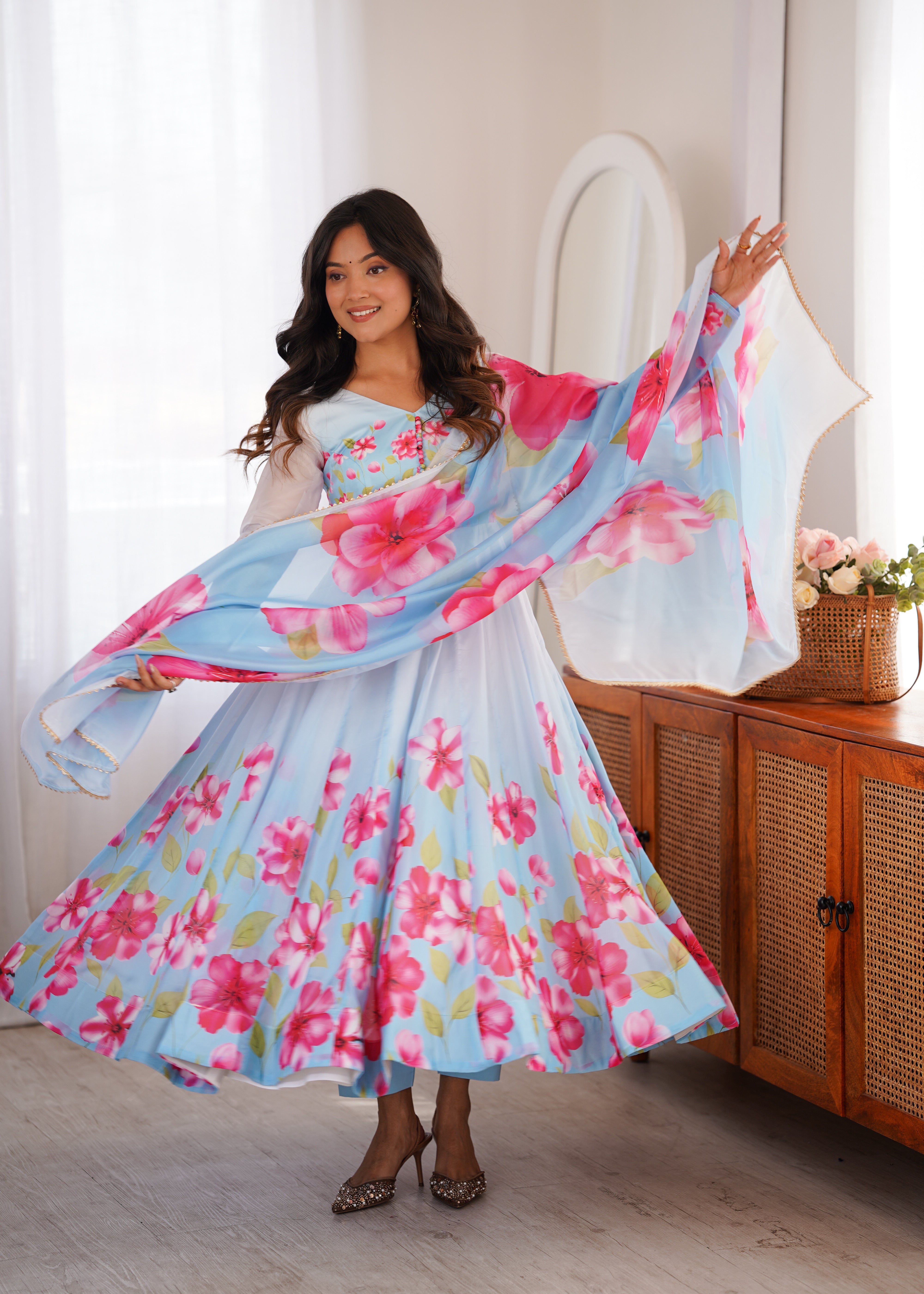 Sky Blue Floral Organza Silk Anarkali Suit Set with Dupatta | Fully Stitched Party Wear Gown