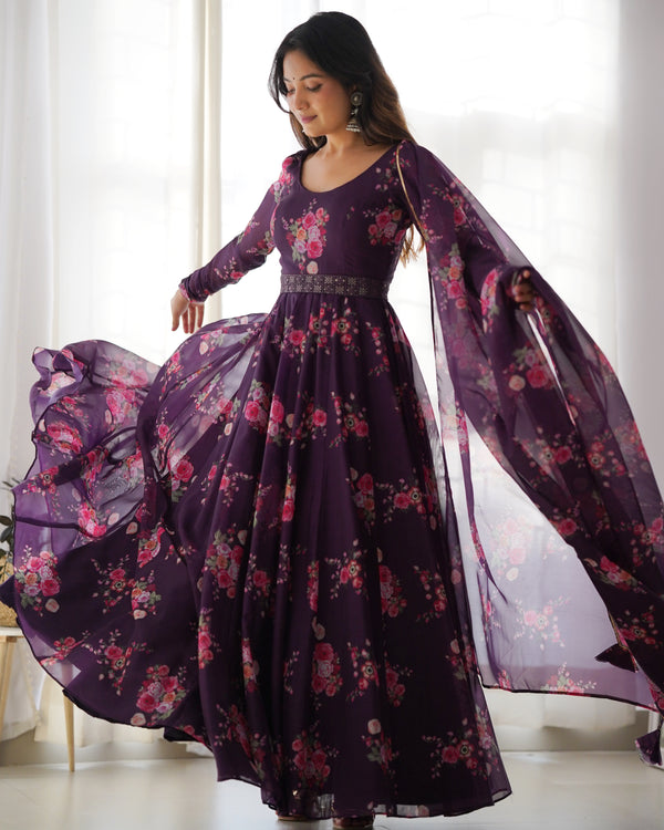Valentine Wine Floral Anarkali Gown | Ready to Wear | Lucknowi Belt