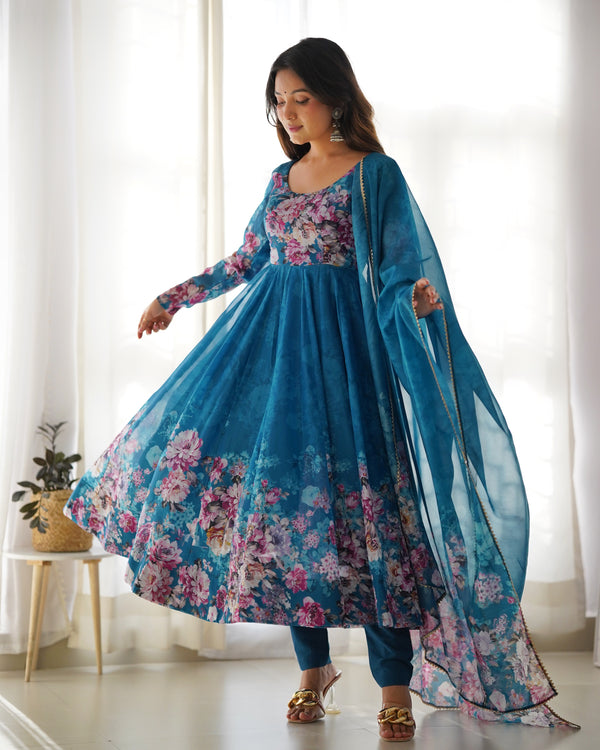 Teal Blue Floral Gown with Duppatta and Pant